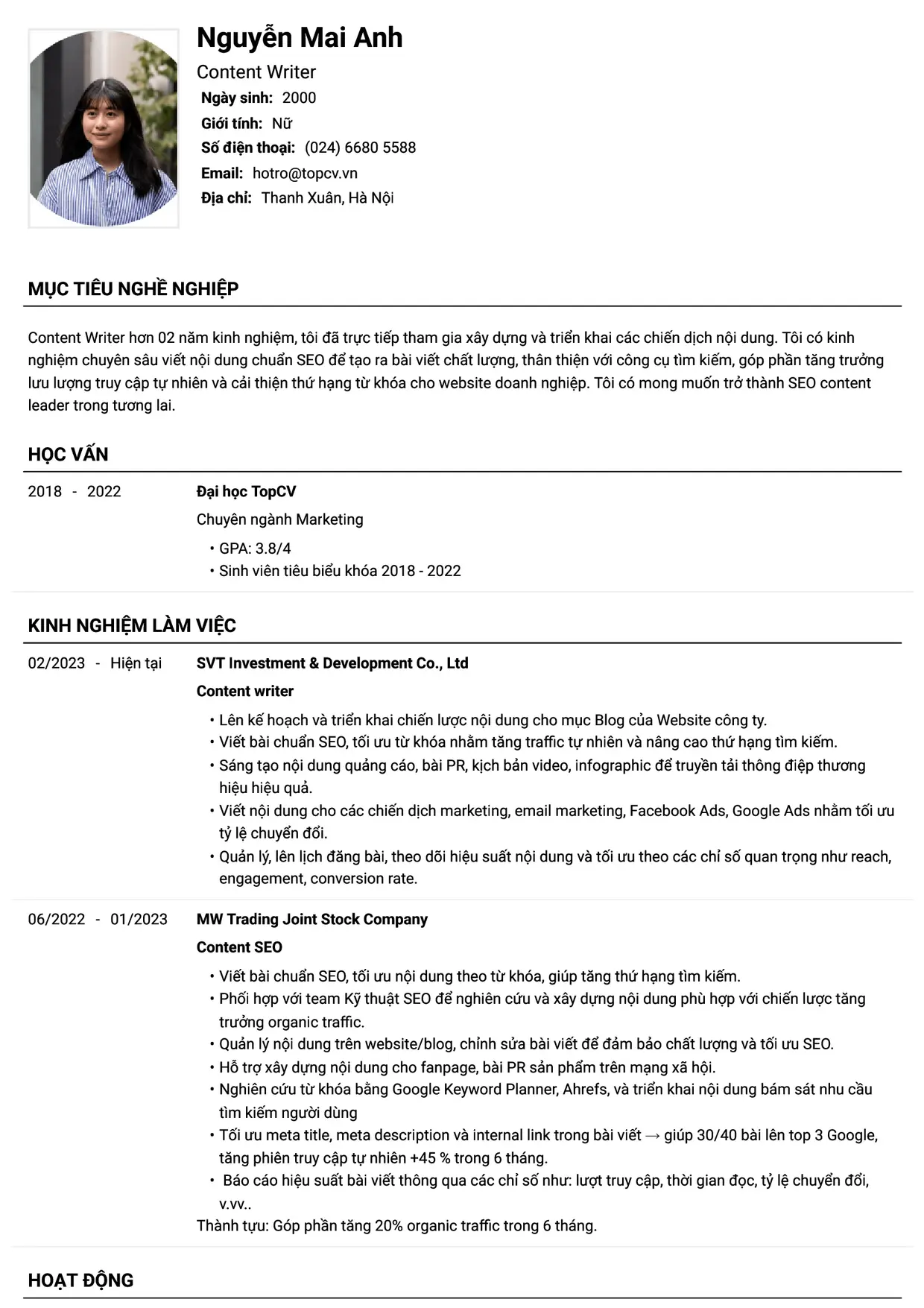 Mẫu CV xin việc Content writer style Tiêu chuẩn