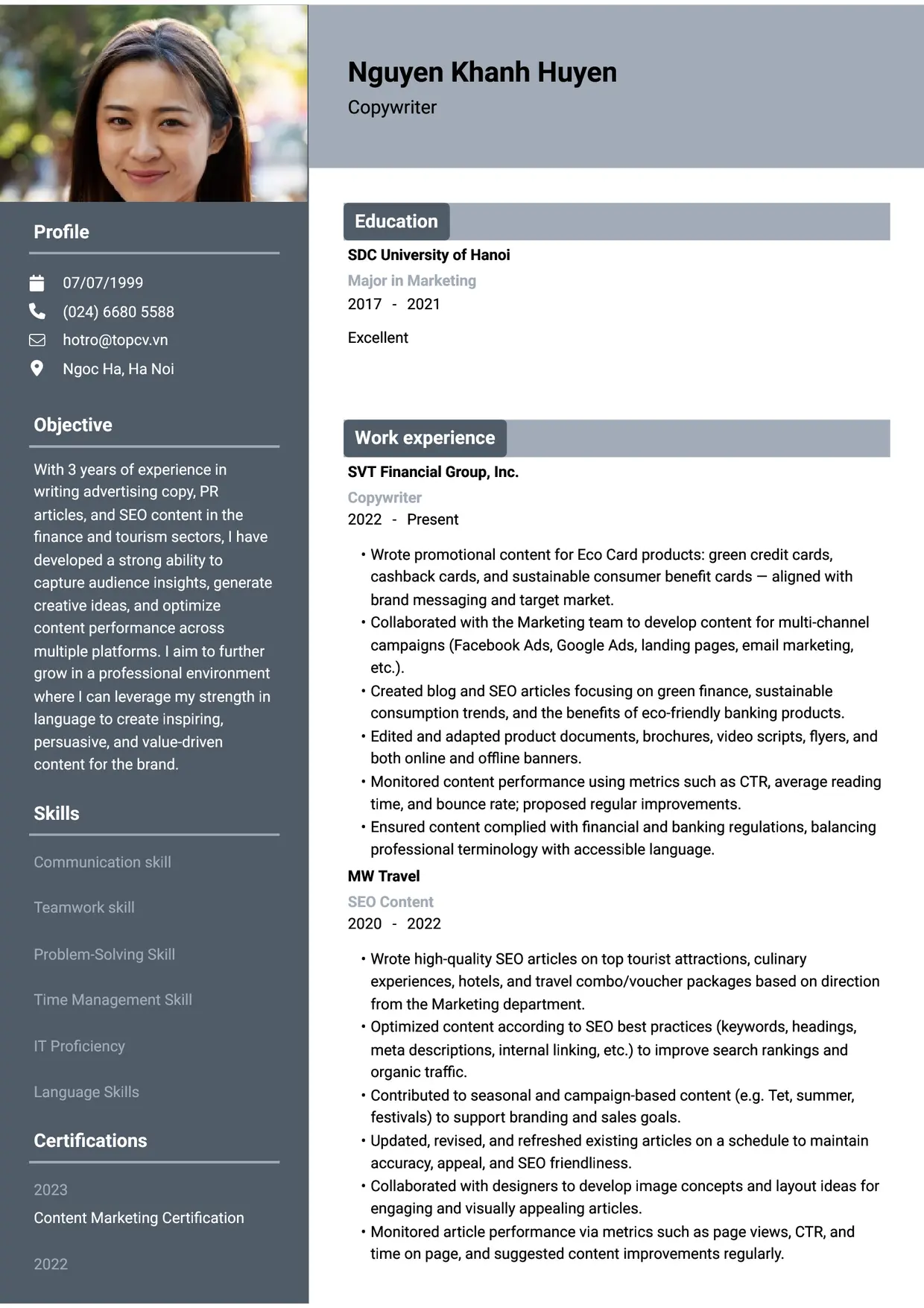 Mẫu CV xin việc Copywriter style Basic 1