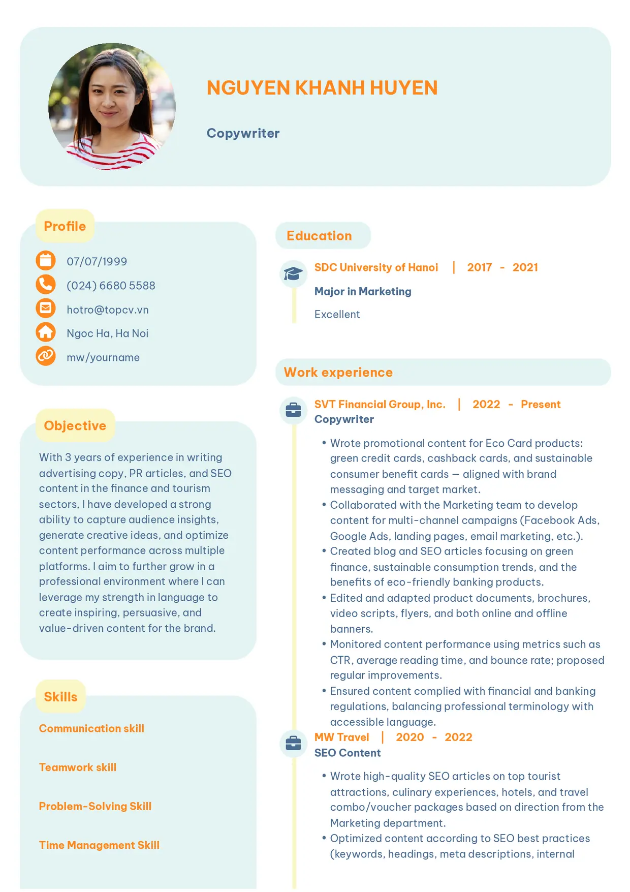 Mẫu CV xin việc Copywriter style Basic 3