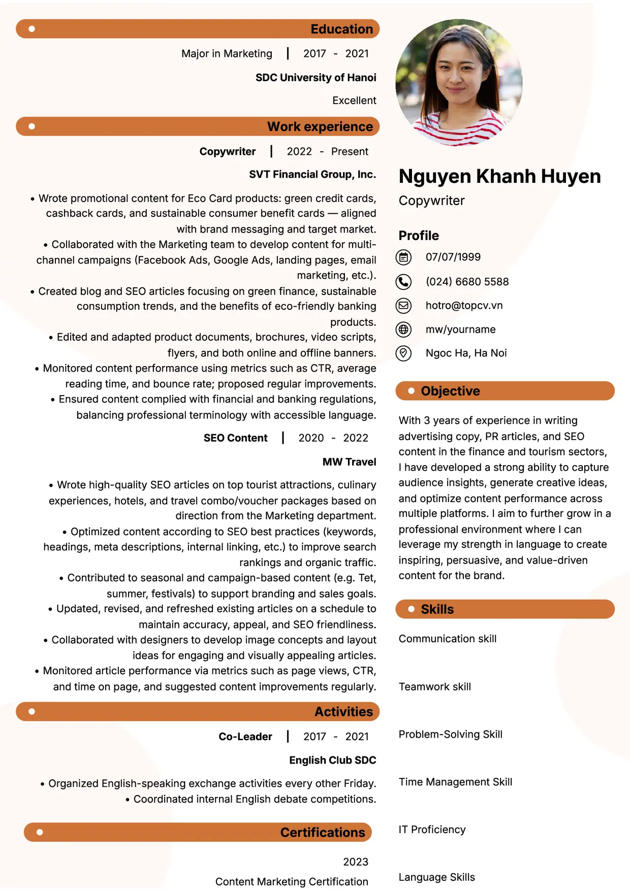 Mẫu CV xin việc Copywriter style Basic 5