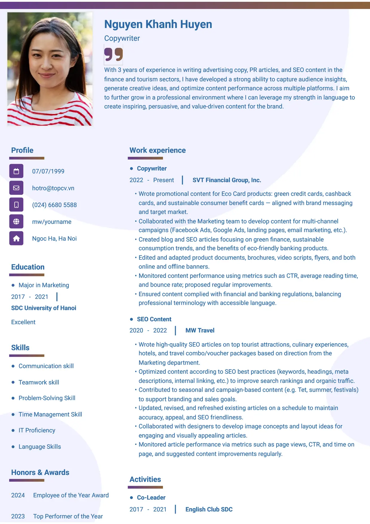 Mẫu CV xin việc Copywriter style Gradient 1