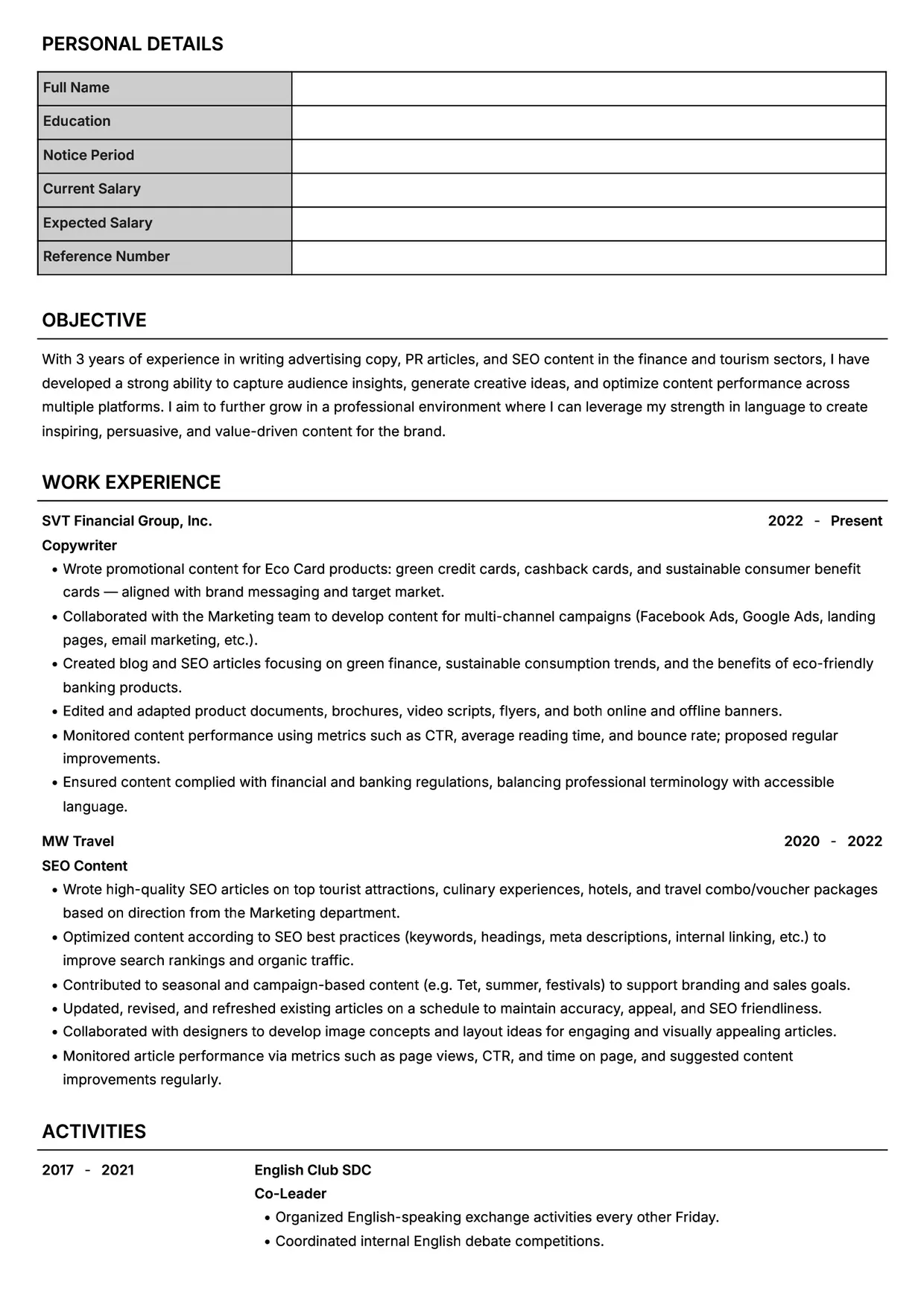 Mẫu CV xin việc Copywriter style Headhunt