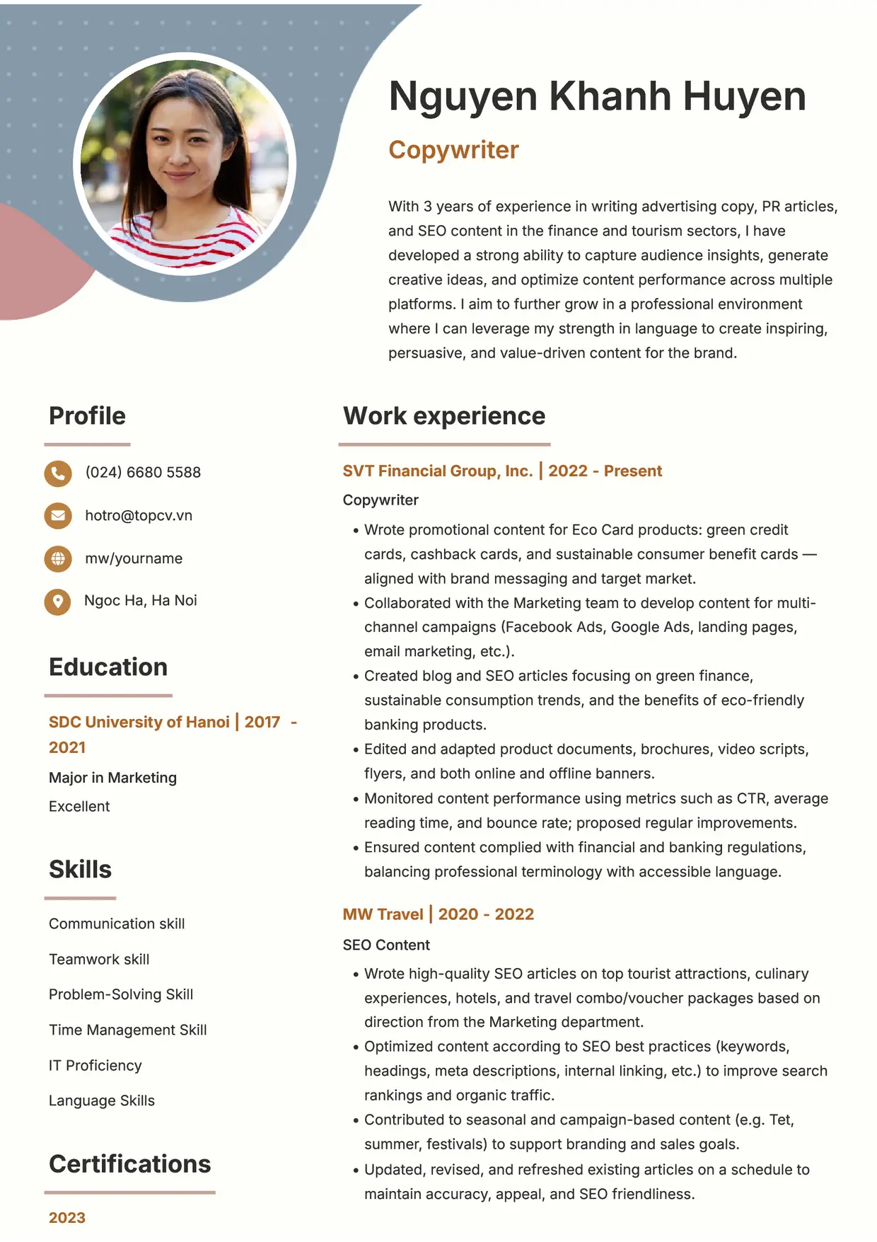 Mẫu CV xin việc Copywriter style Sáng tạo