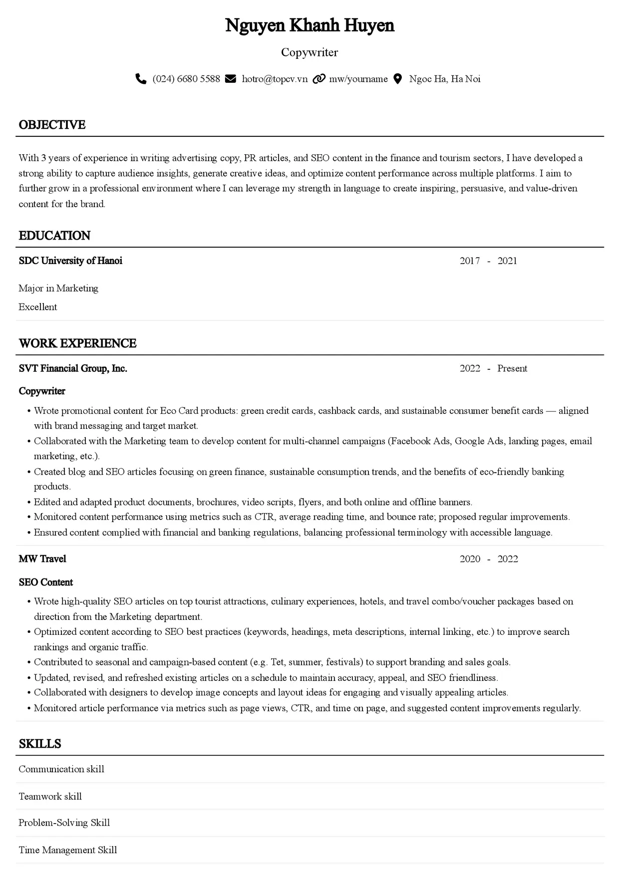 Mẫu CV xin việc Copywriter style Senior