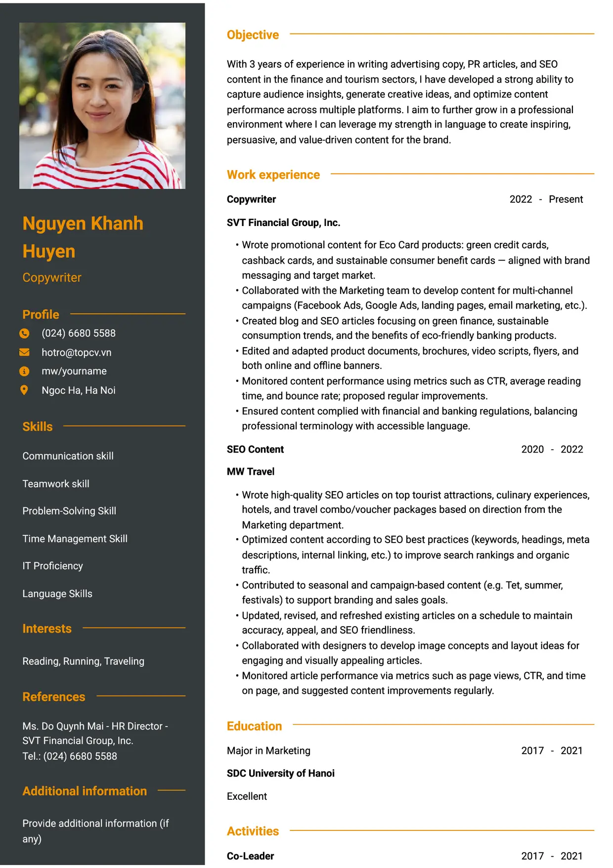 Mẫu CV xin việc Copywriter style Tham vọng
