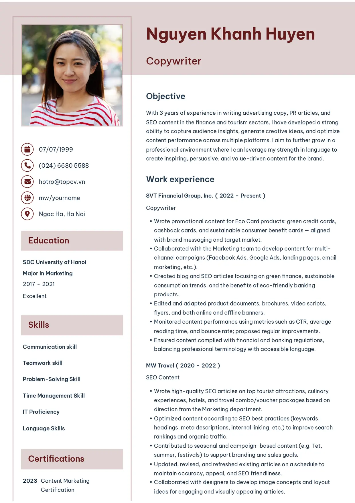 Mẫu CV xin việc Copywriter style Thanh nhã