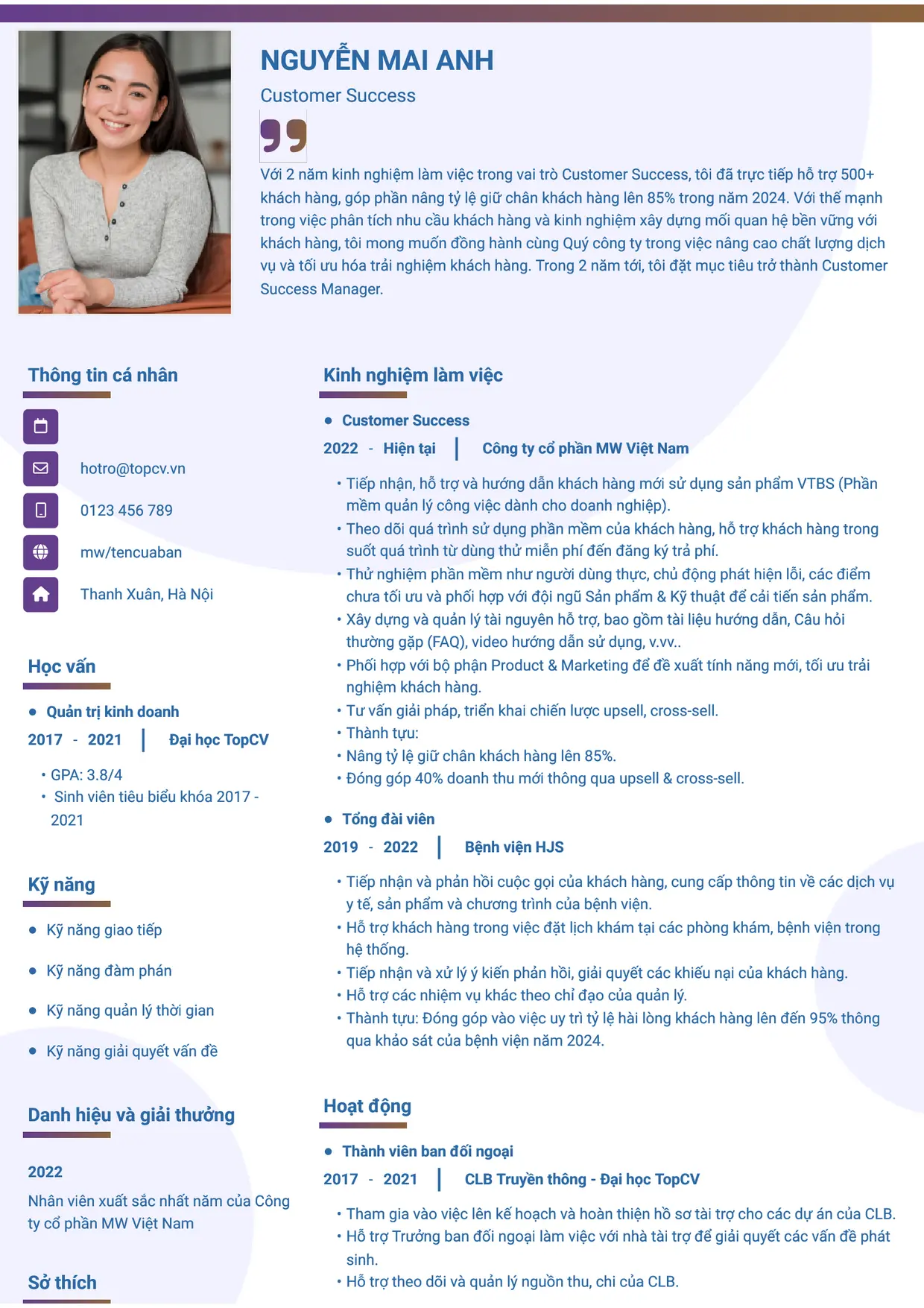 Mẫu CV xin việc Customer Success style Gradient 1