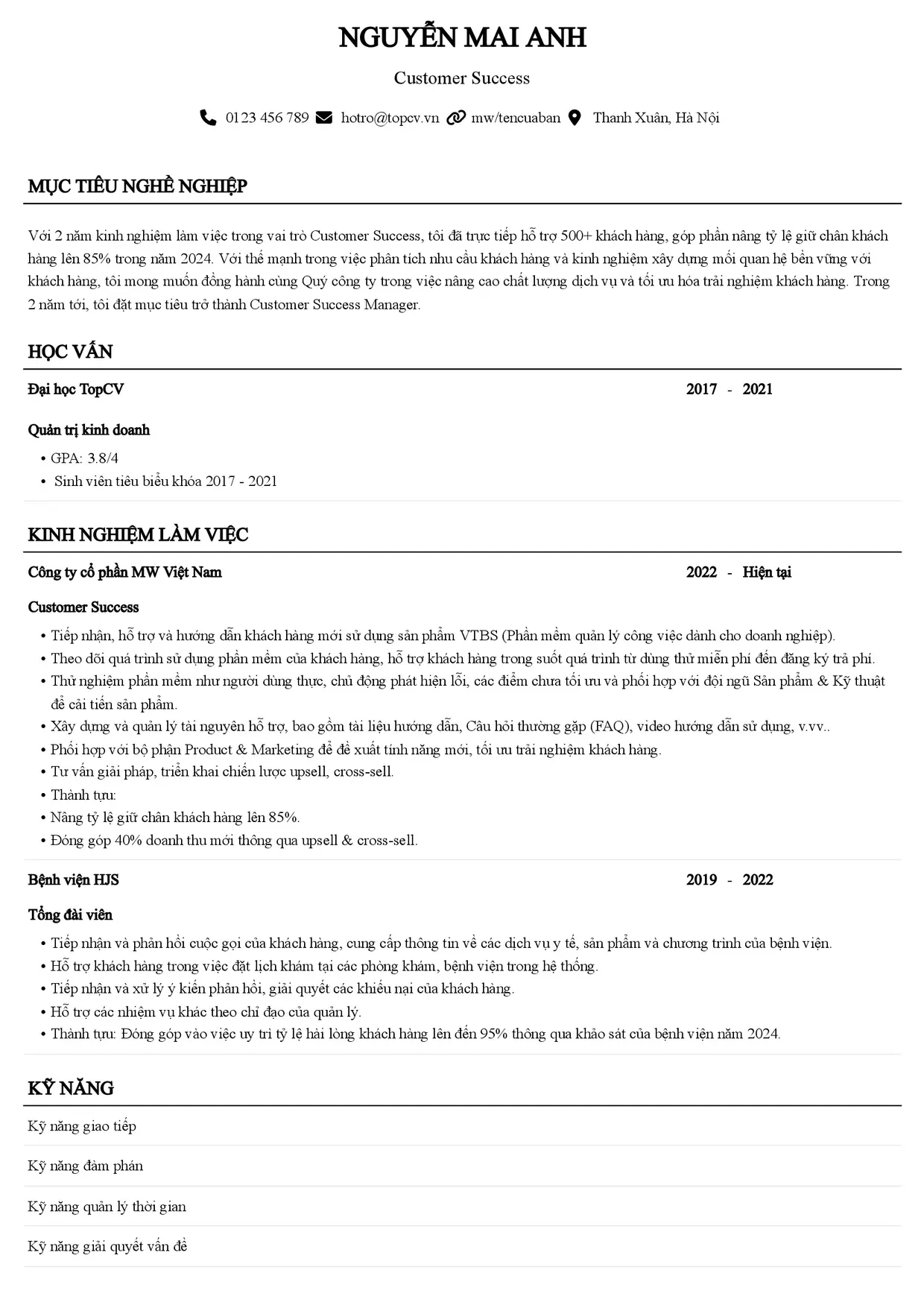 Mẫu CV xin việc Customer Success style Senior