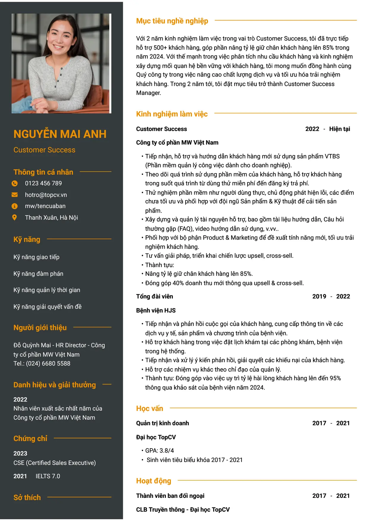 Mẫu CV xin việc Customer Success style Tham vọng