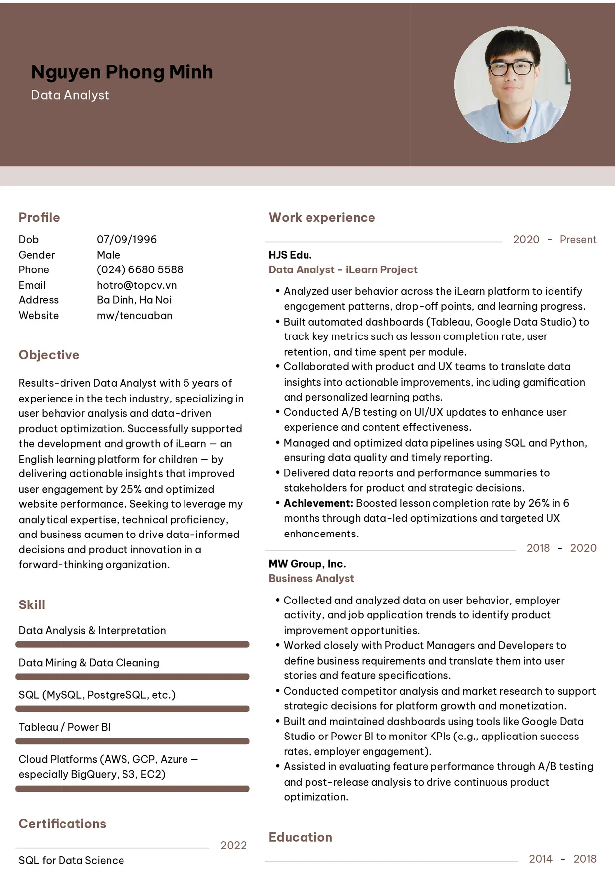 Mẫu CV xin việc Data Analyst style Ấn tượng 3