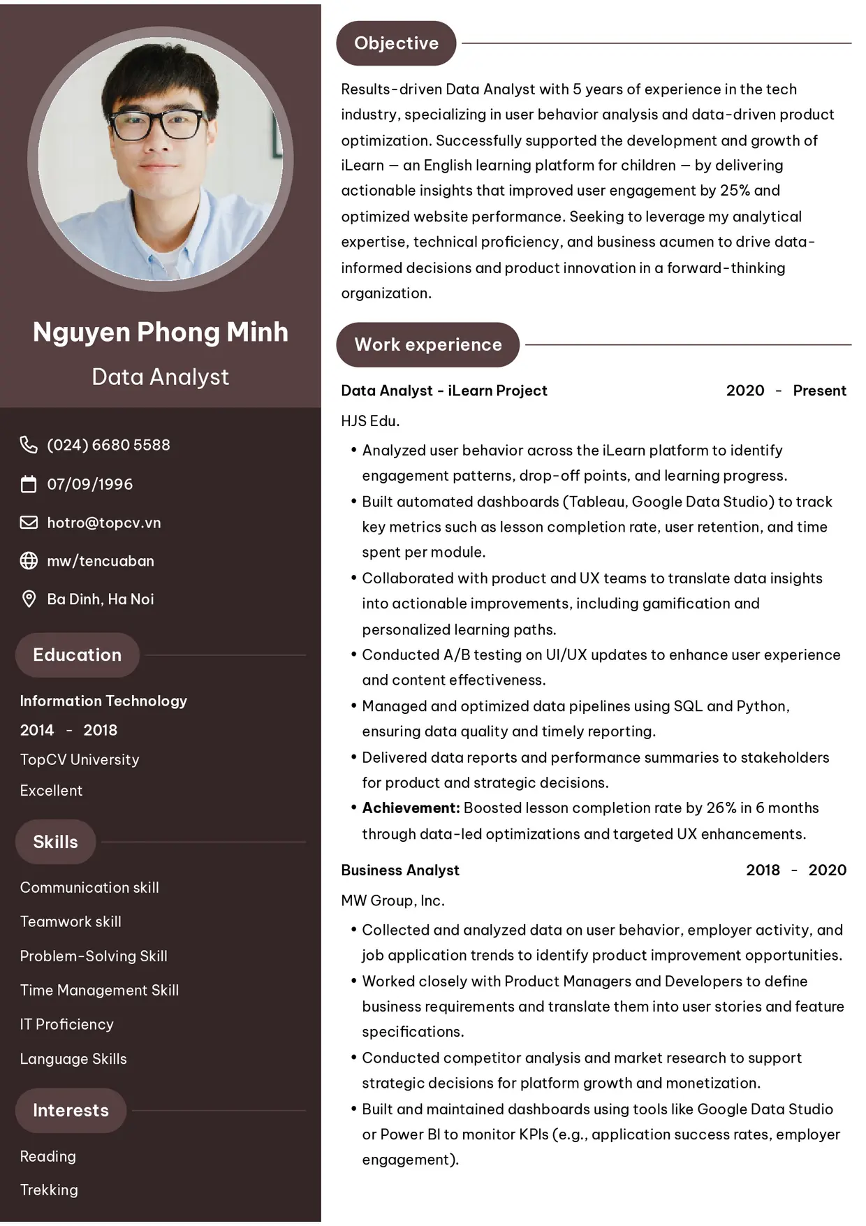 Mẫu CV xin việc Data Analyst style Ấn tượng 6