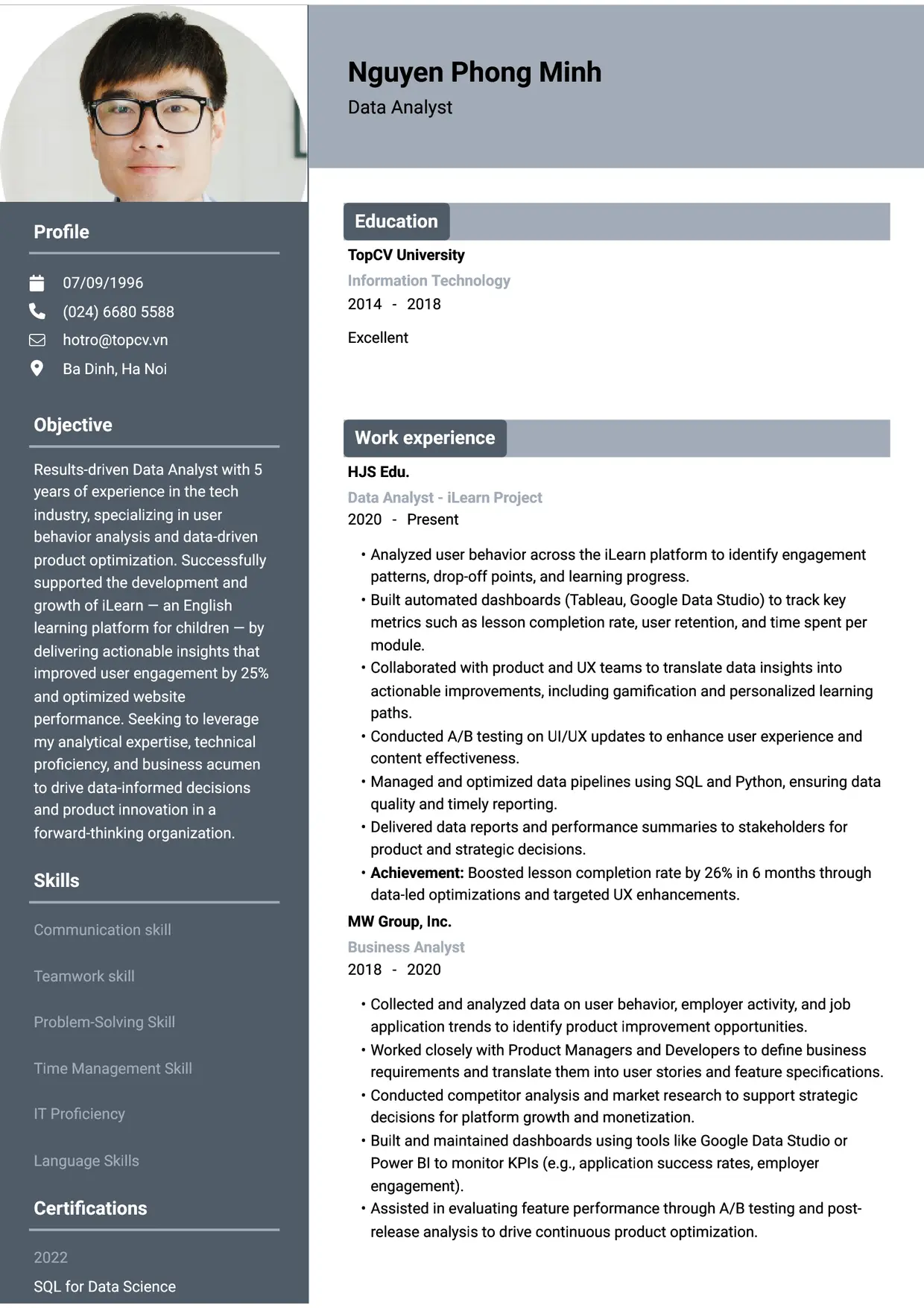 Mẫu CV xin việc Data Analyst style Basic 1