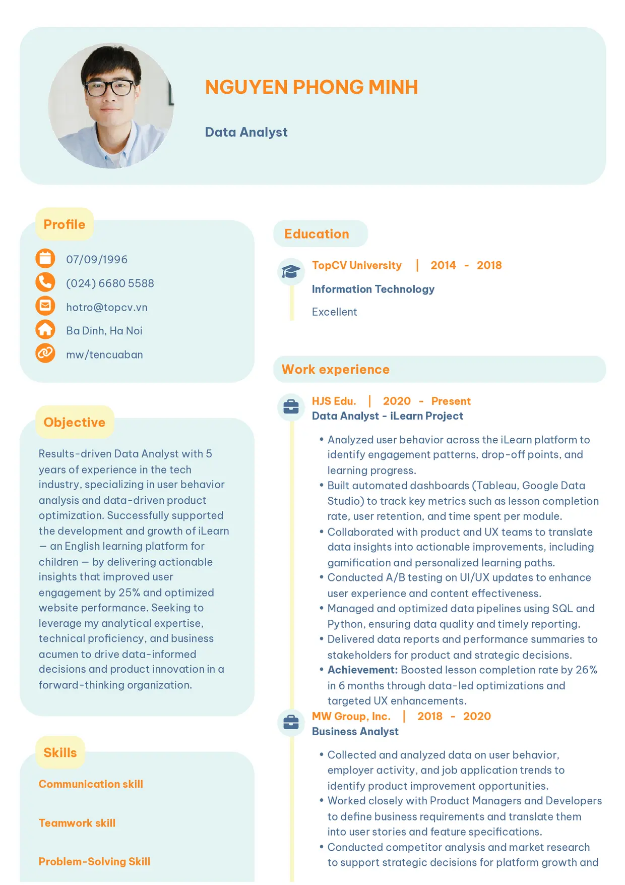 Mẫu CV xin việc Data Analyst style Basic 3