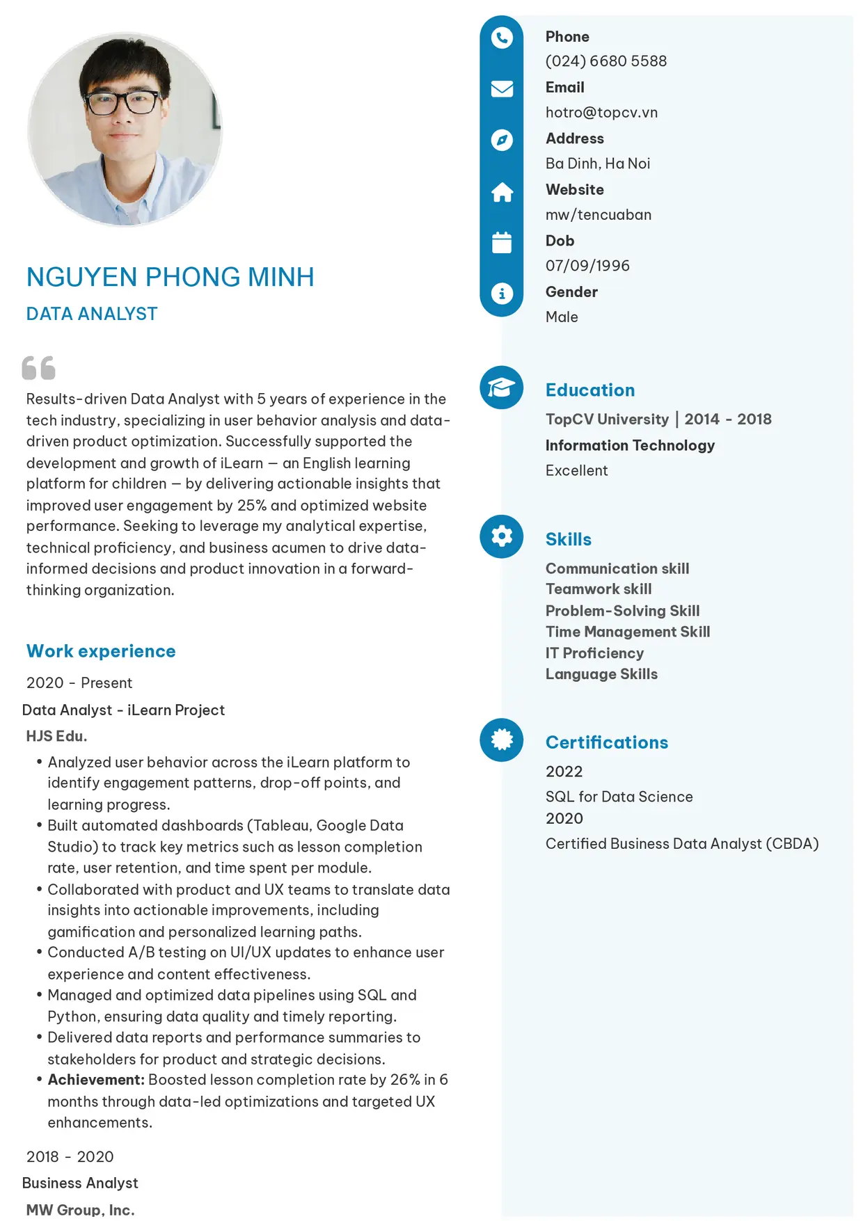 Mẫu CV xin việc Data Analyst style Basic 4