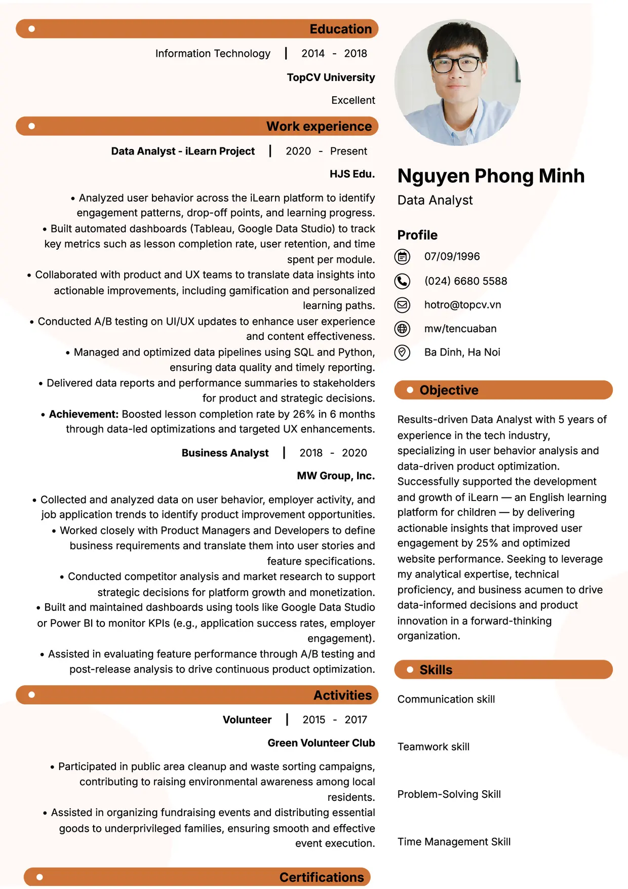 Mẫu CV xin việc Data Analyst style Basic 5