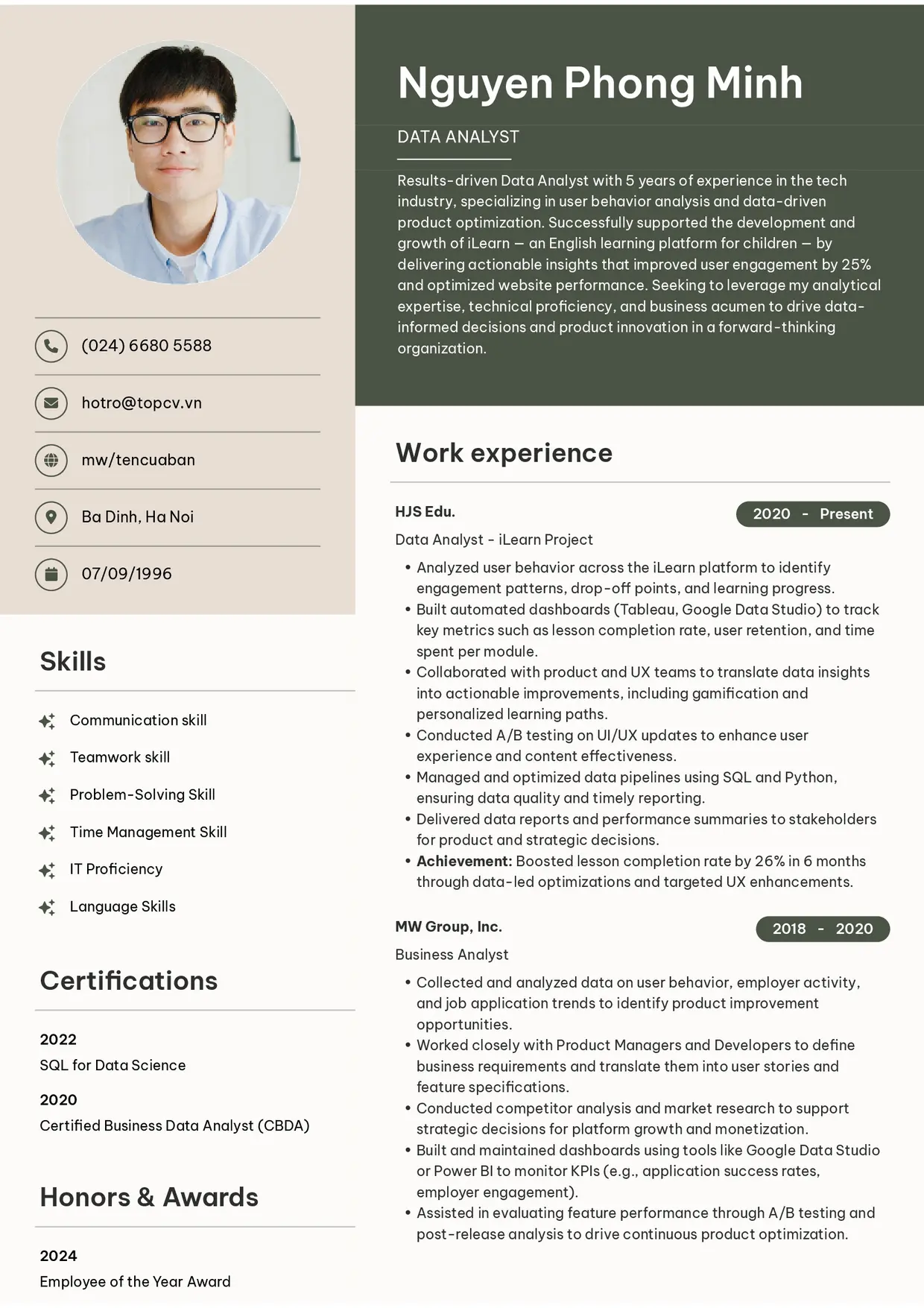 Mẫu CV xin việc Data Analyst style Bright