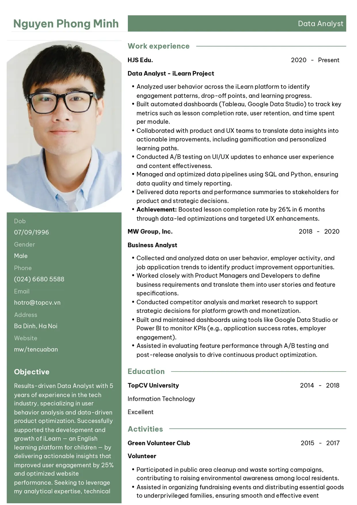 Mẫu CV xin việc Data Analyst style Chuyên Nghiệp 1