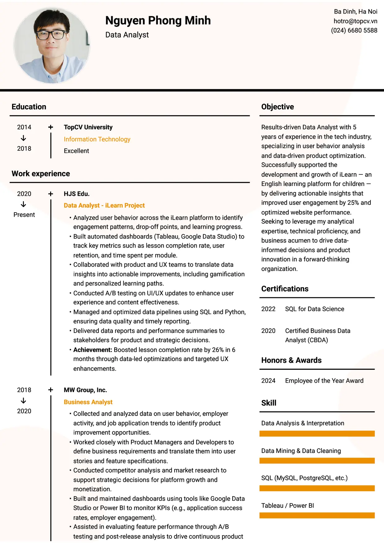 Mẫu CV xin việc Data Analyst style Dòng Thời Gian