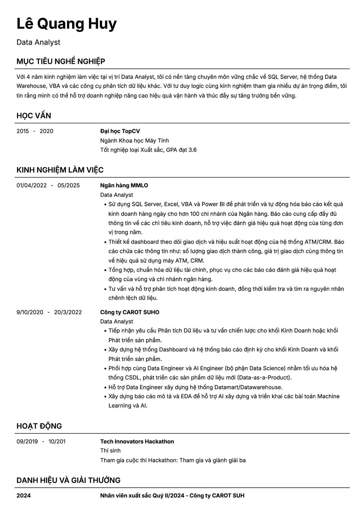 Mẫu CV xin việc Data Analyst style Headhunt