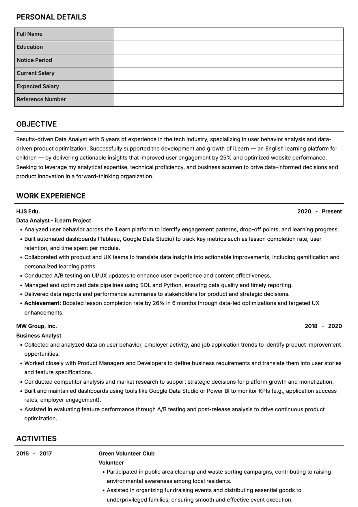 Mẫu CV xin việc Data Analyst style Headhunt