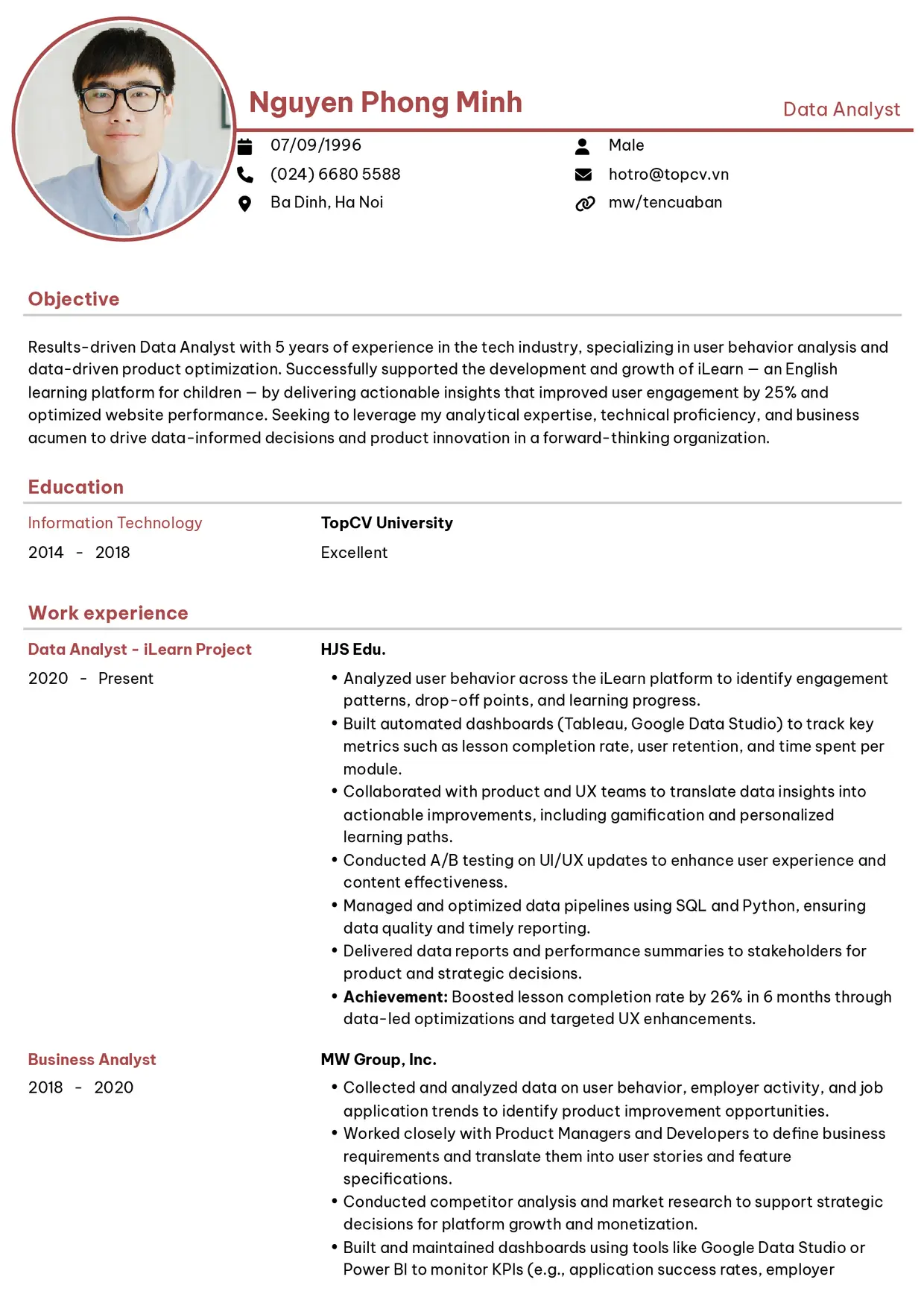 Mẫu CV xin việc Data Analyst style Hiện Đại 1