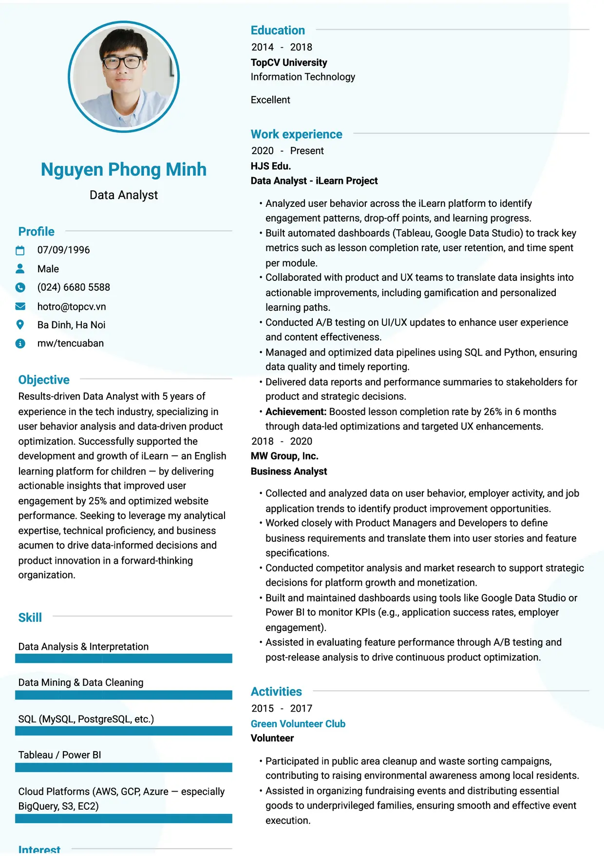 Mẫu CV xin việc Data Analyst style Hiện Đại 2