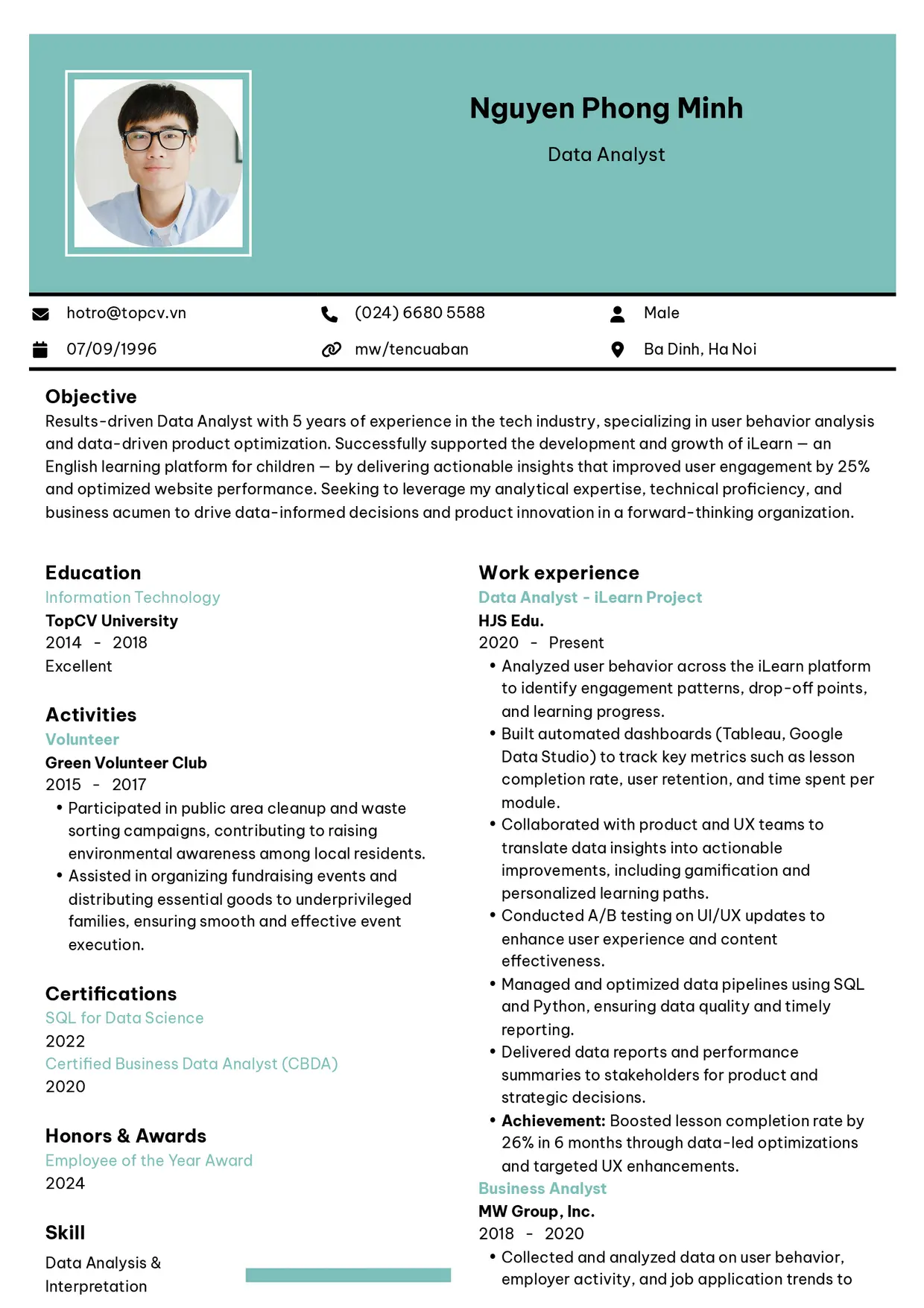 Mẫu CV xin việc Data Analyst style Hiện Đại 4