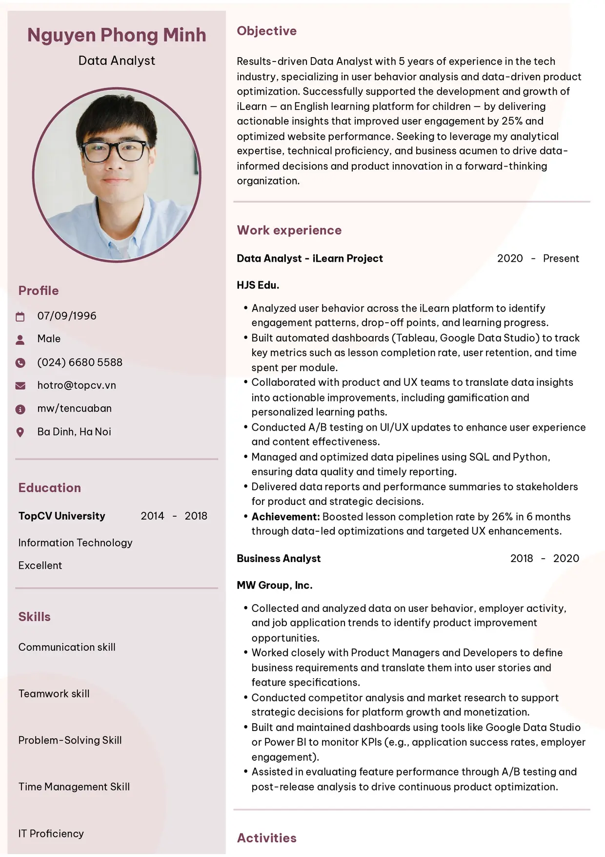 Mẫu CV xin việc Data Analyst style Hiện đại 6