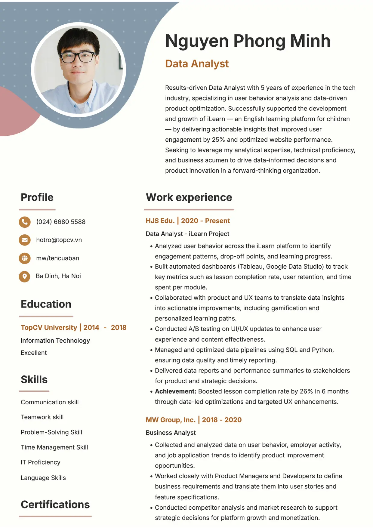 Mẫu CV xin việc Data Analyst style Sáng tạo