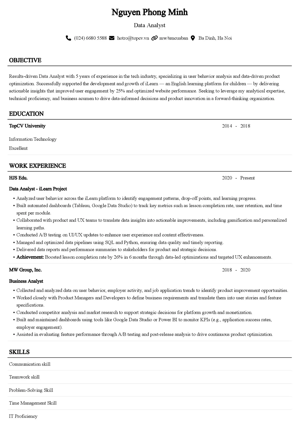 Mẫu CV xin việc Data Analyst style Senior
