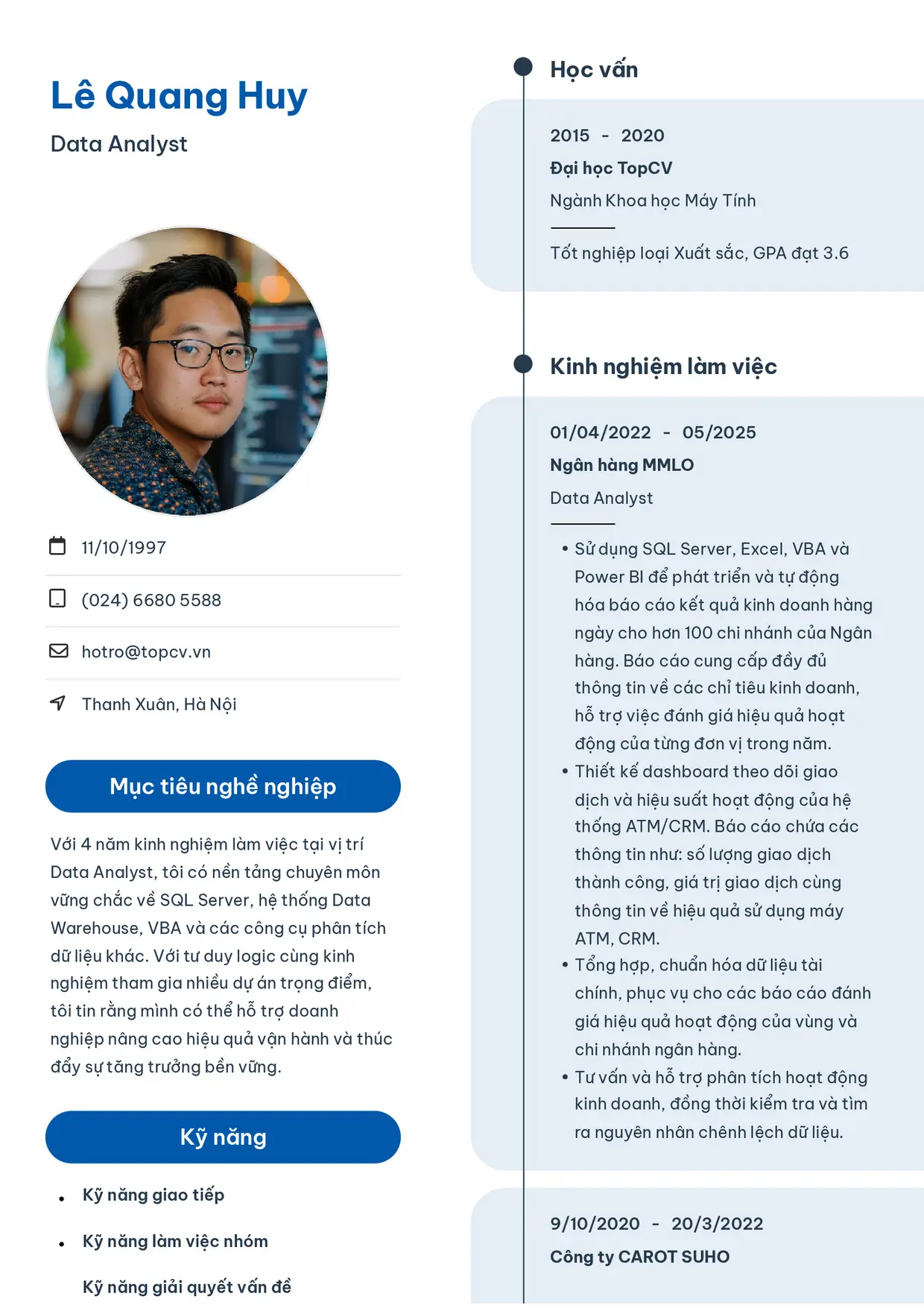 Mẫu CV xin việc Data Analyst style Sinh viên 3