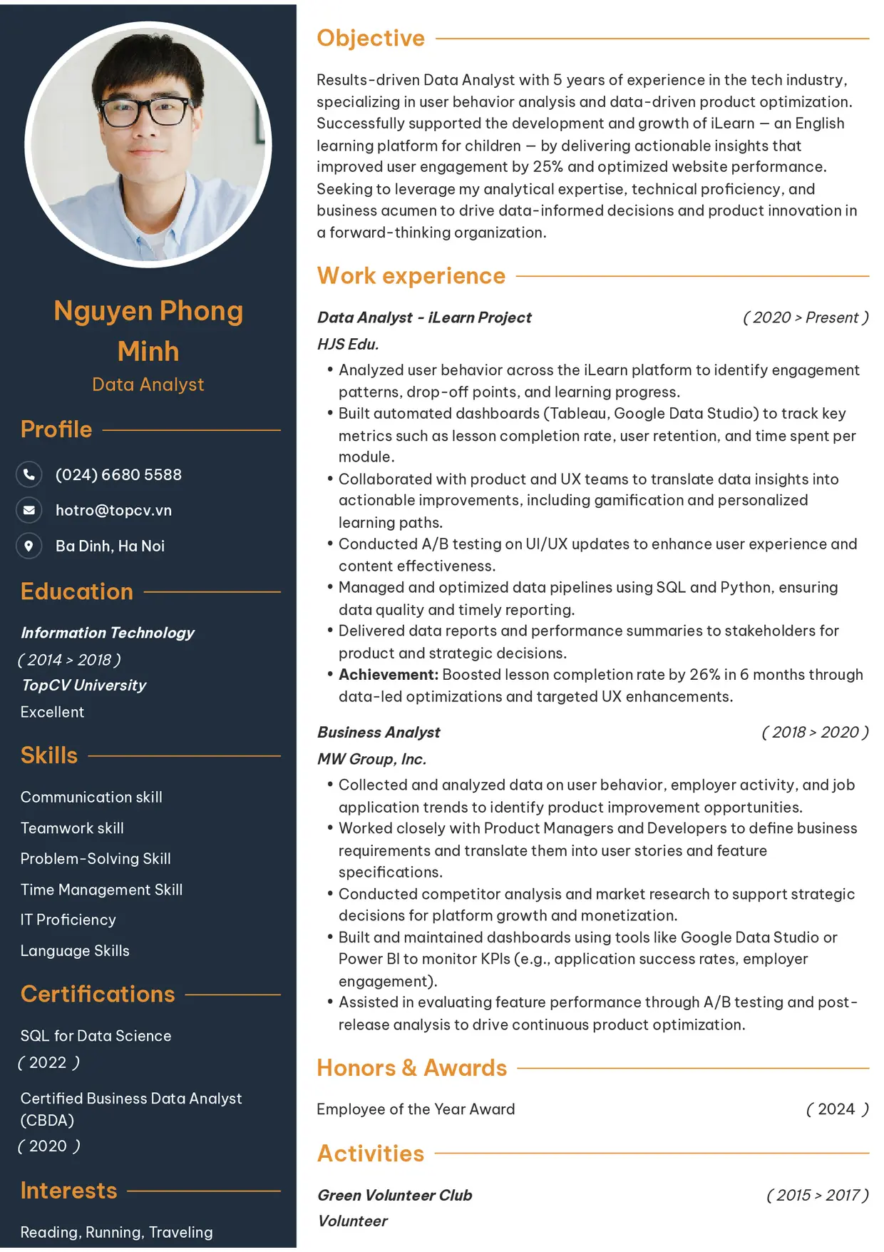 Mẫu CV xin việc Data Analyst style Tham vọng 1