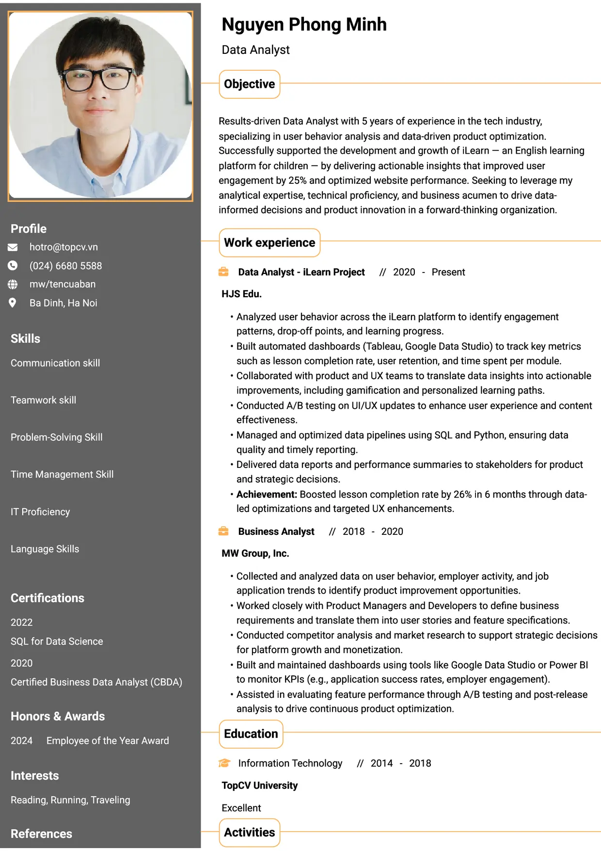 Mẫu CV xin việc Data Analyst style Thành đạt