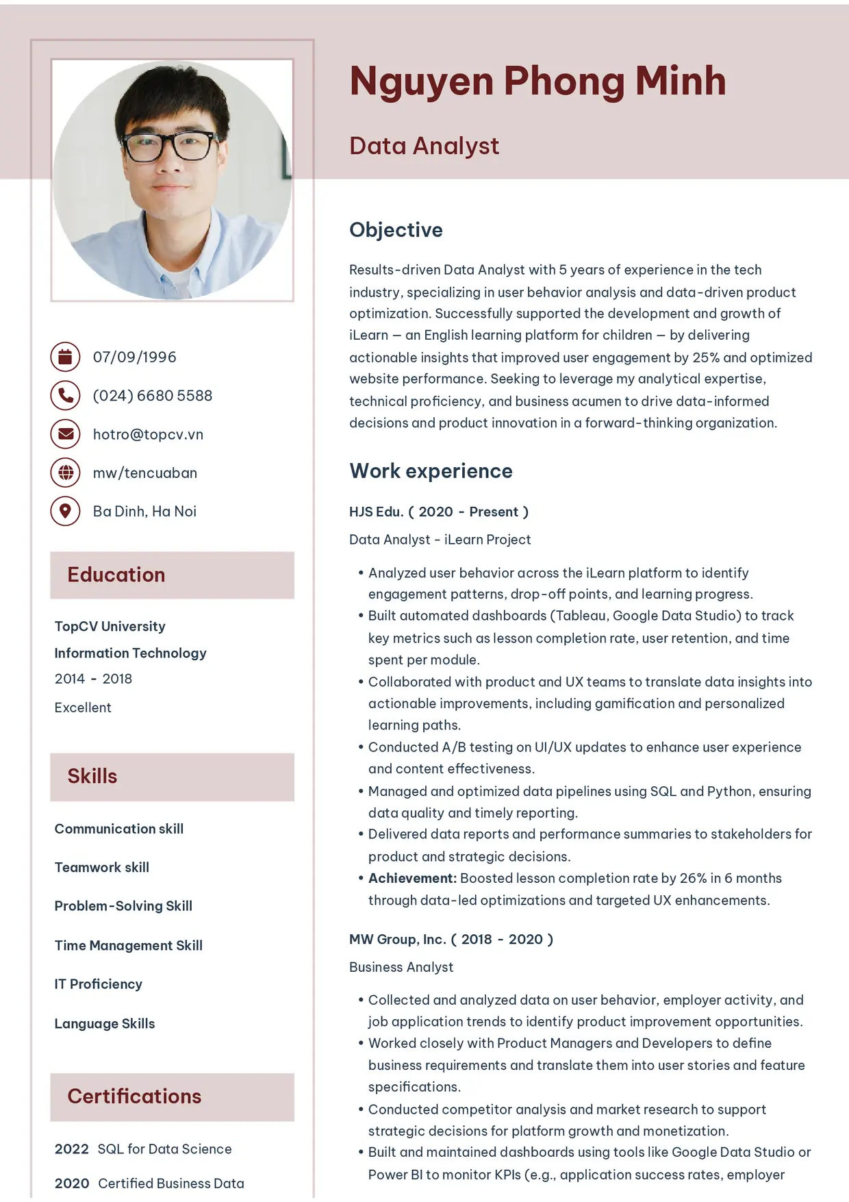 Mẫu CV xin việc Data Analyst style Thanh nhã