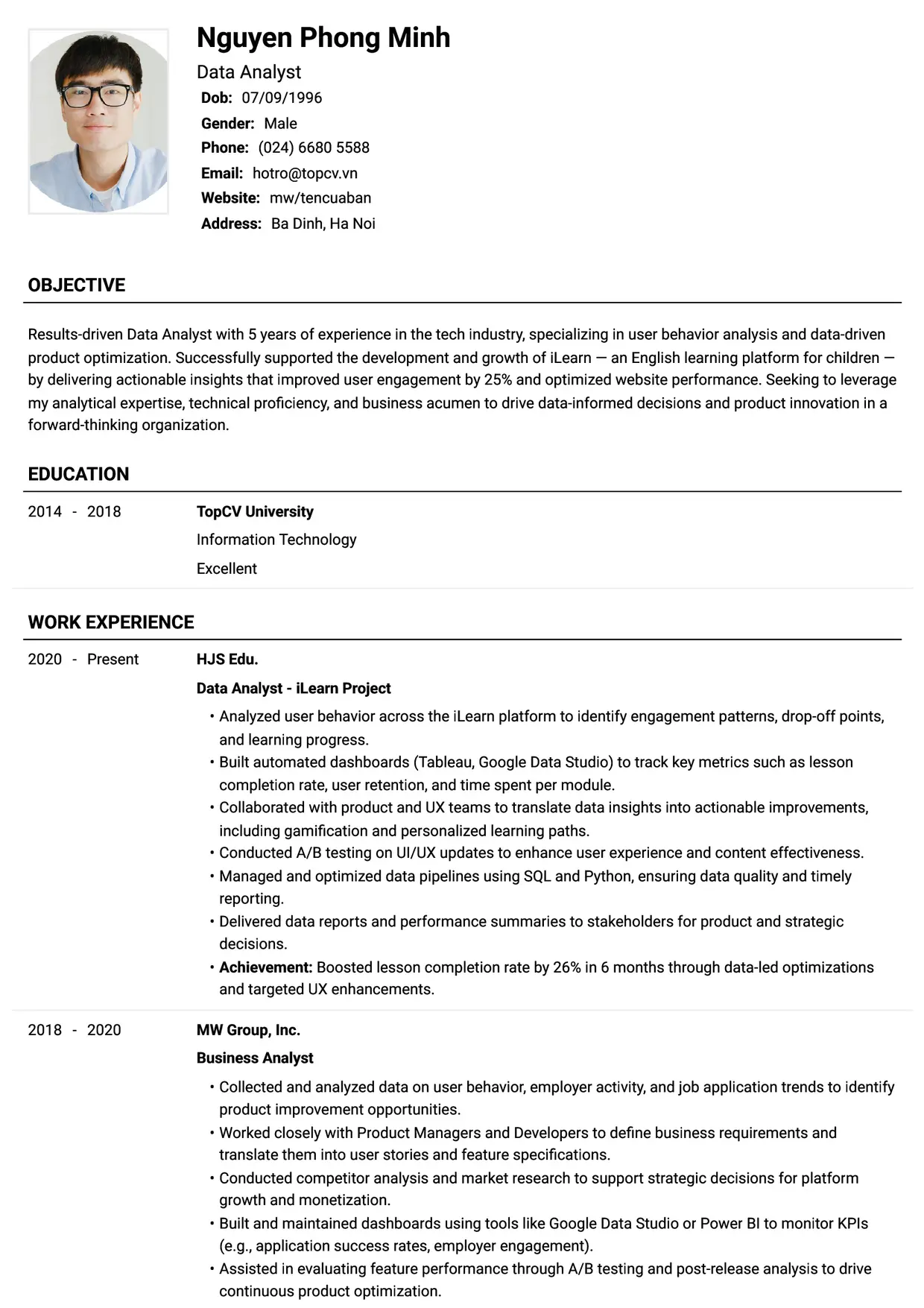 Mẫu CV xin việc Data Analyst style Tiêu chuẩn