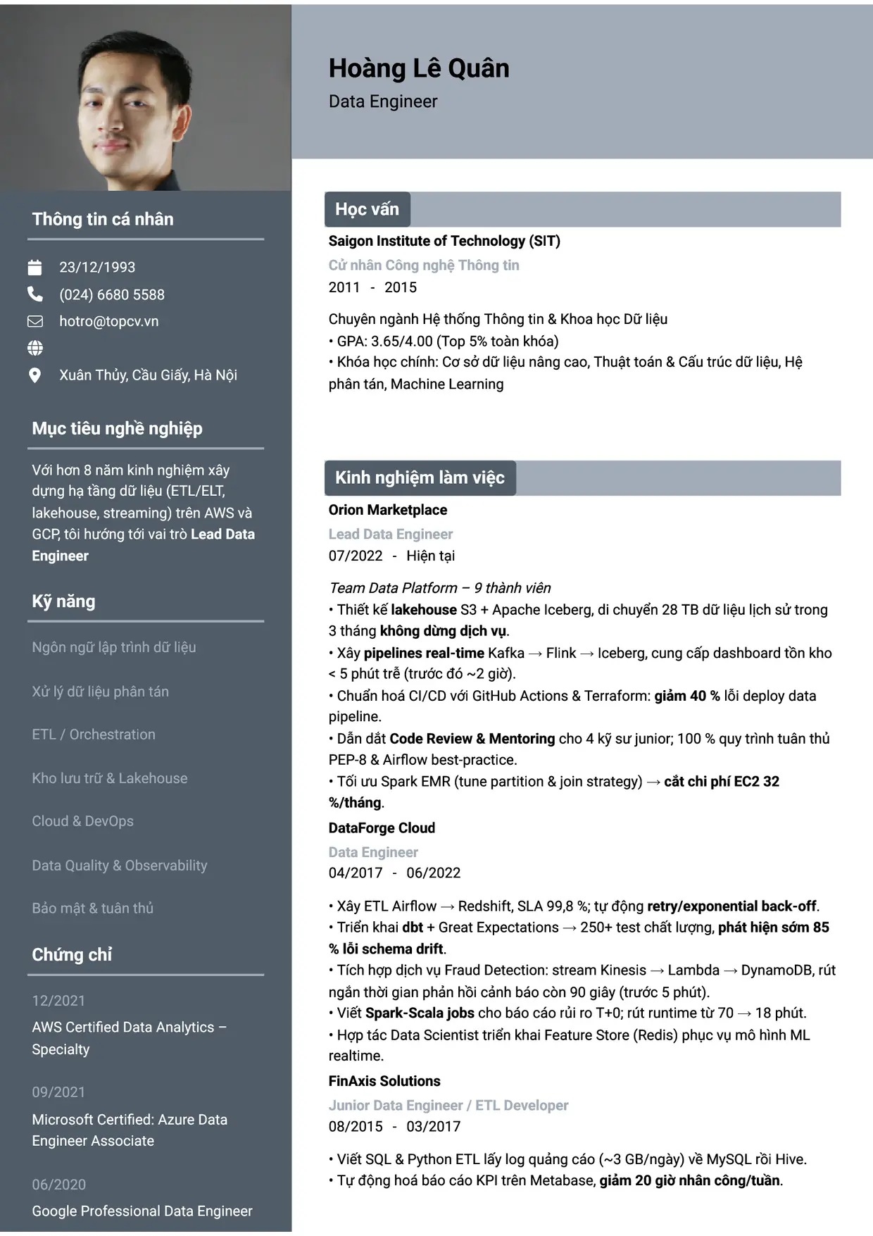 Mẫu CV Data Engineer style Basic 1