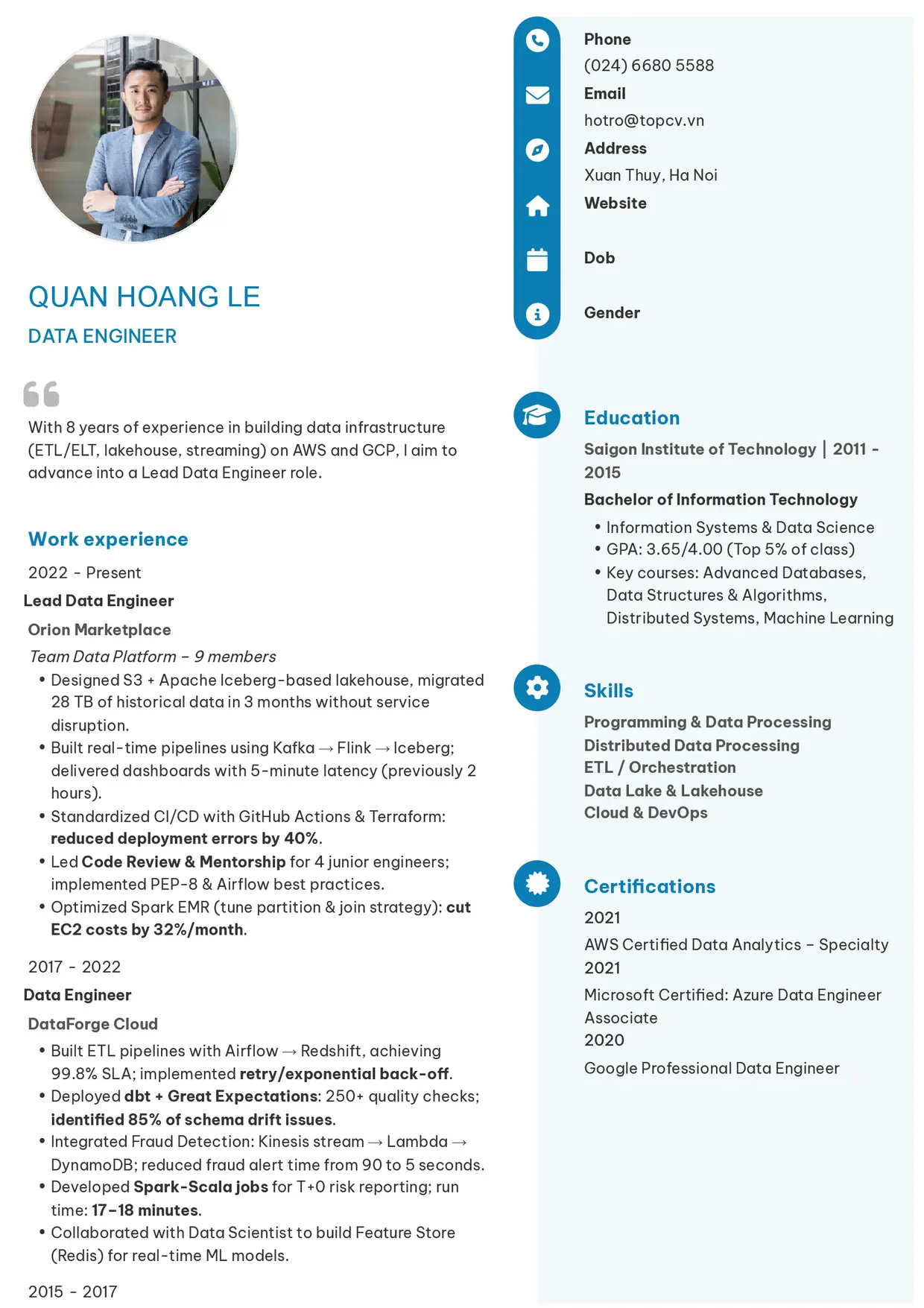 Mẫu CV xin việc Data Engineer style Basic 4