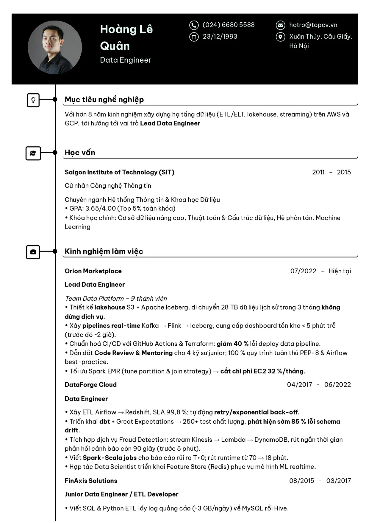 Mẫu CV Data Engineer style Cao Cấp