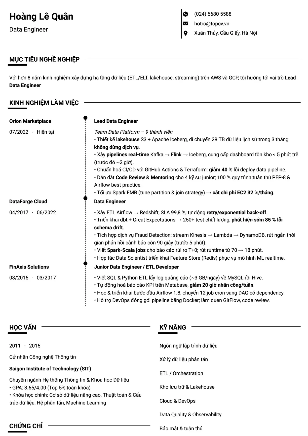 Mẫu CV Data Engineer style Chuyên gia