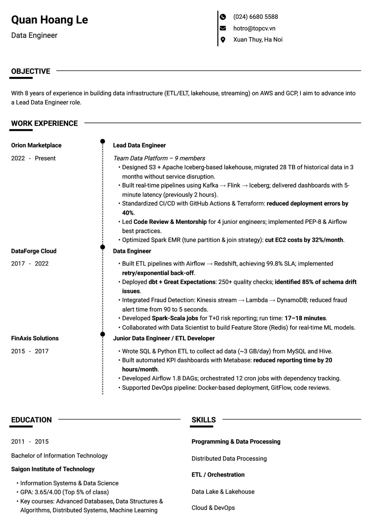 Mẫu CV xin việc Data Engineer style Chuyên gia
