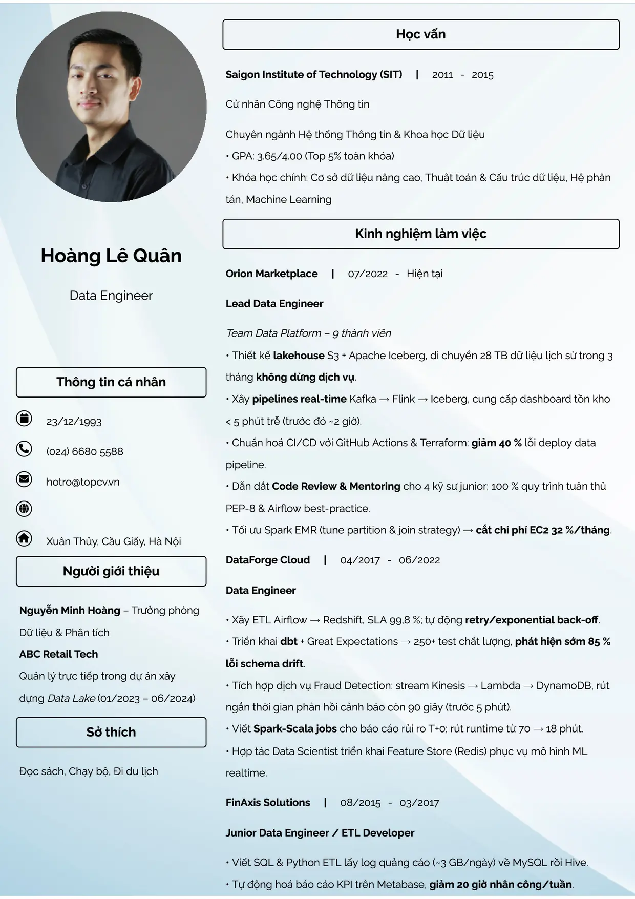 Mẫu CV Data Engineer style Đam mê