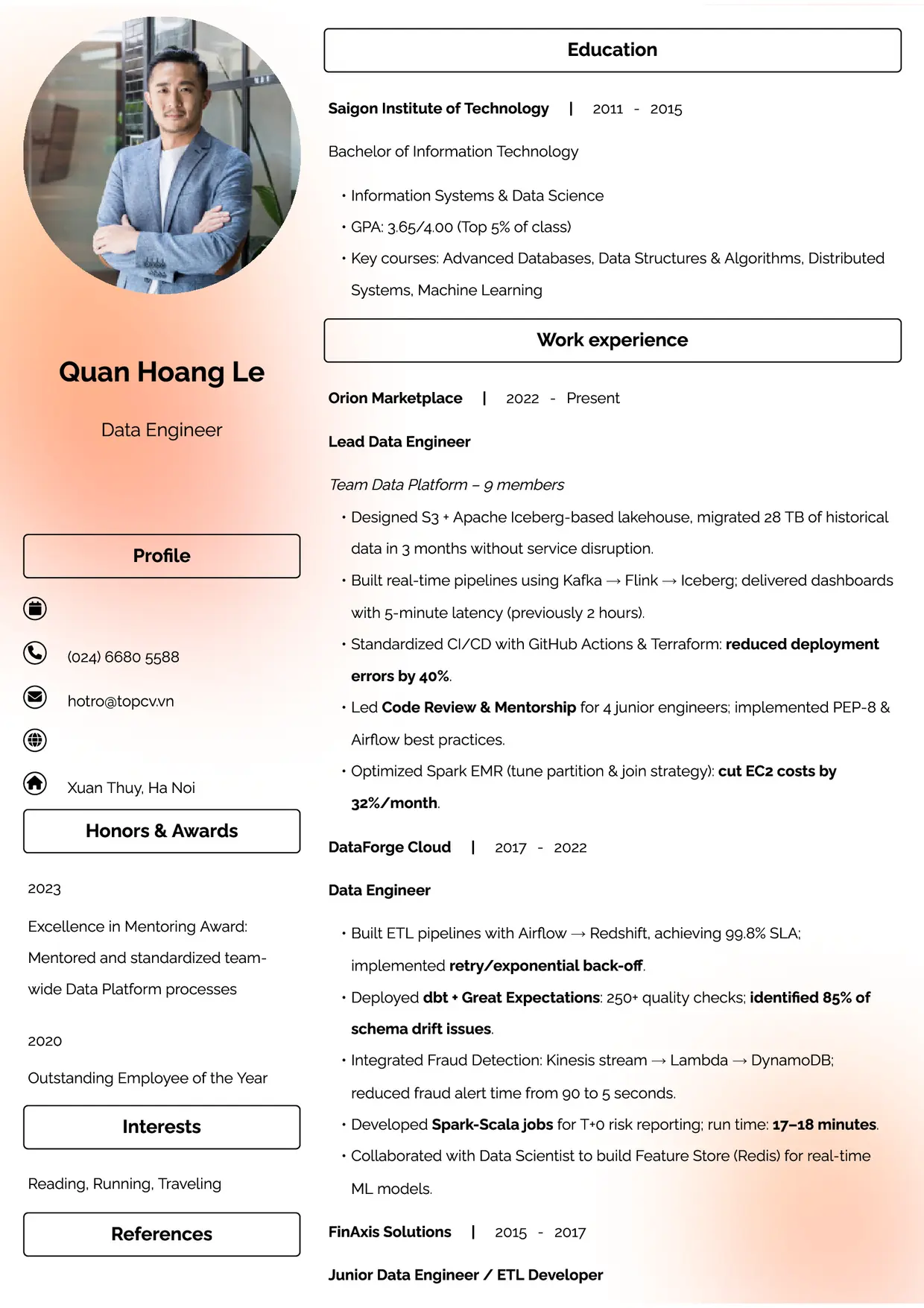 Mẫu CV xin việc Data Engineer style Đam mê