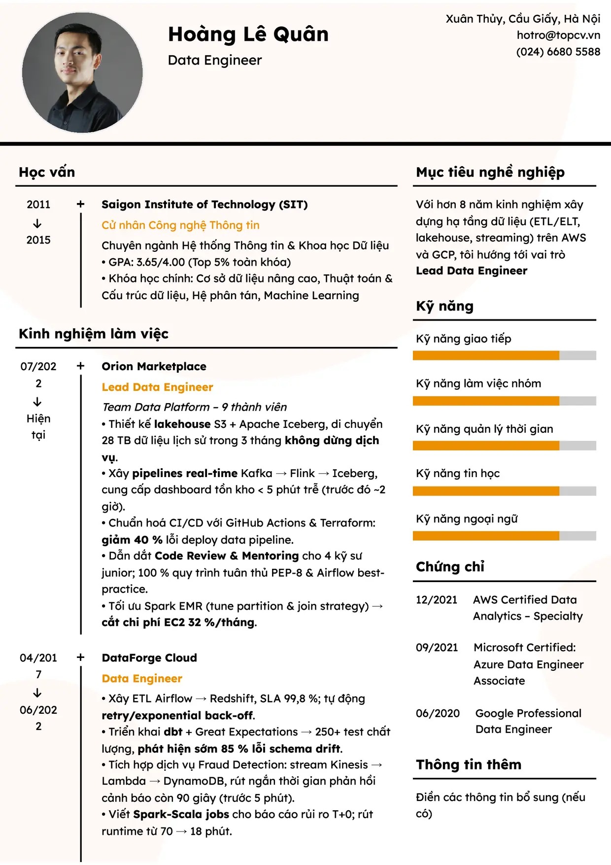 Mẫu CV Data Engineer style Dòng Thời Gian