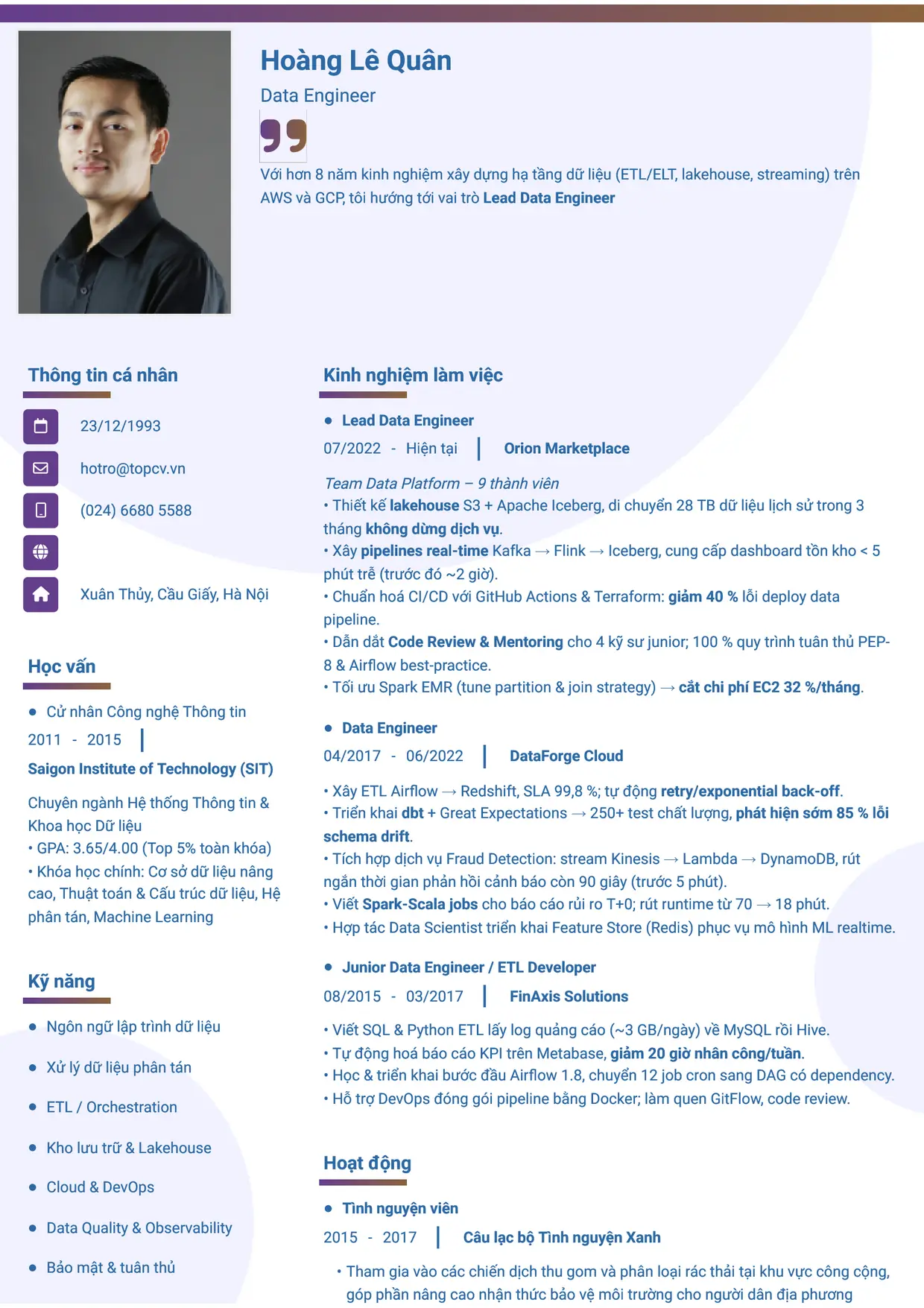 Mẫu CV Data Engineer style Gradient 1