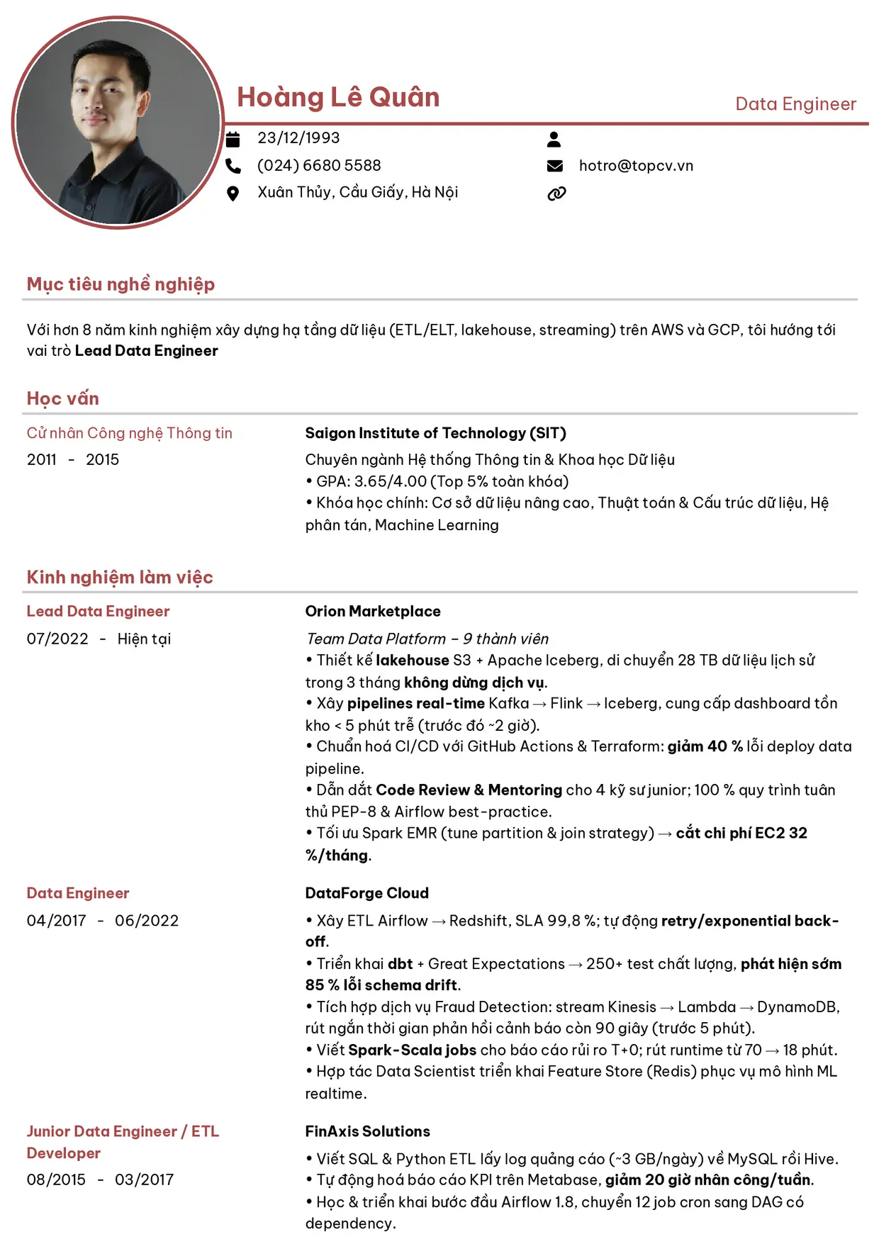 Mẫu CV Data Engineer style Hiện Đại 1
