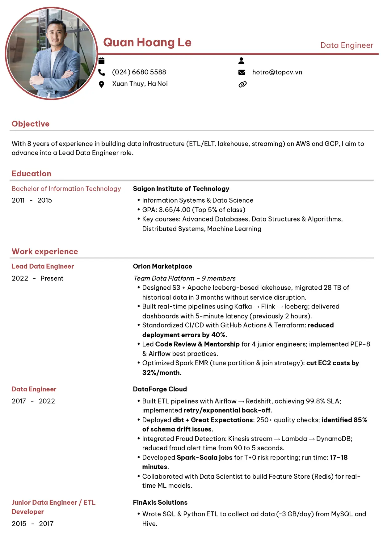 Mẫu CV xin việc Data Engineer style Hiện Đại 1