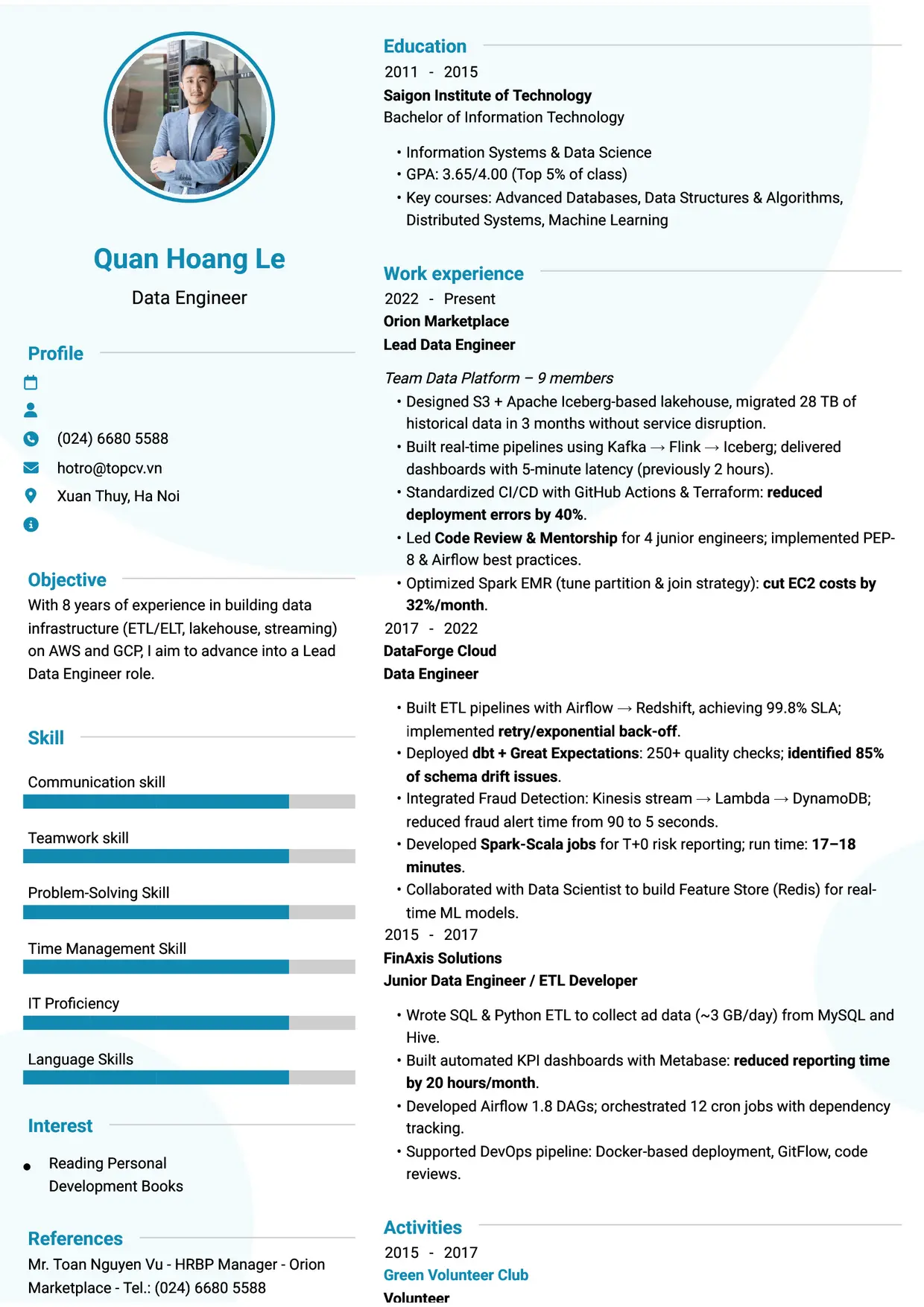 Mẫu CV xin việc Data Engineer style Hiện Đại 2
