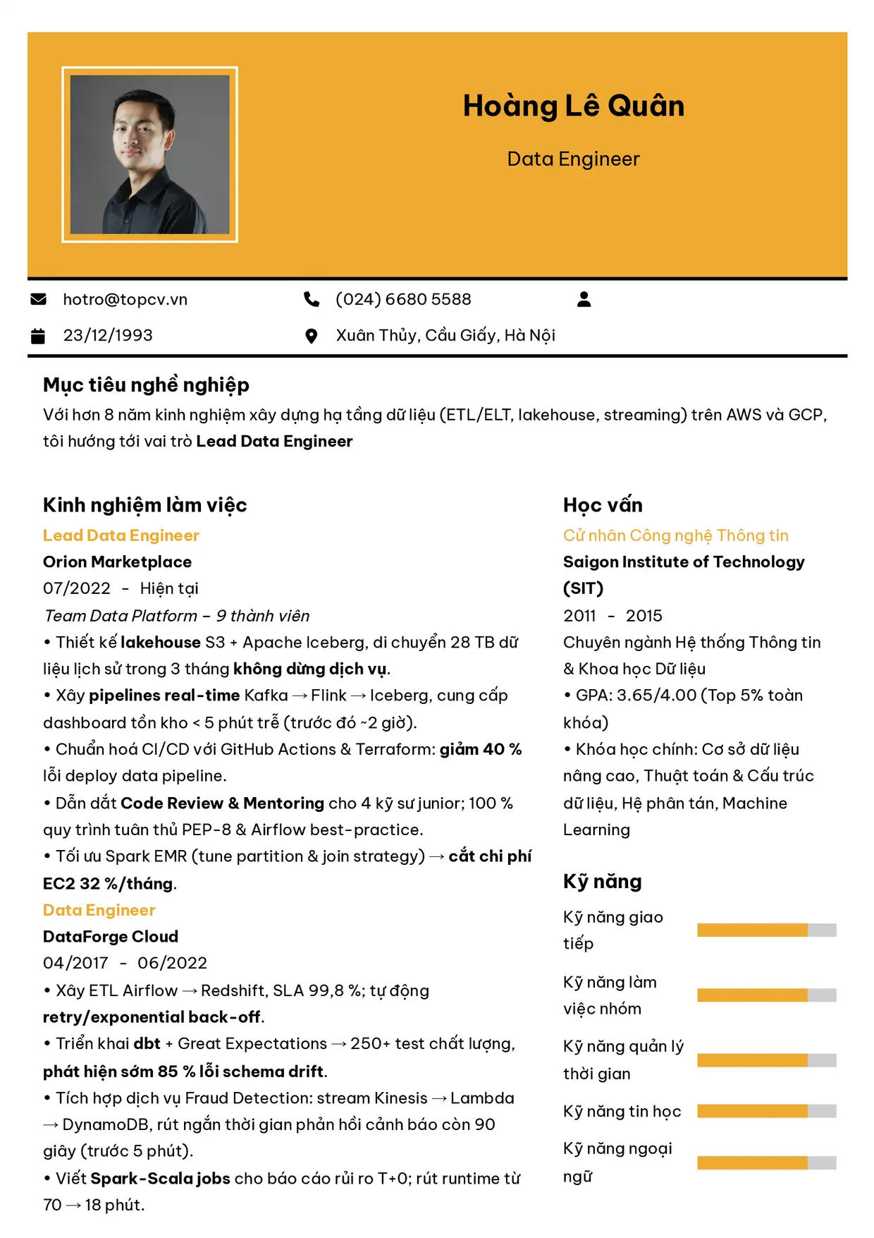 Mẫu CV Data Engineer style Hiện Đại 4