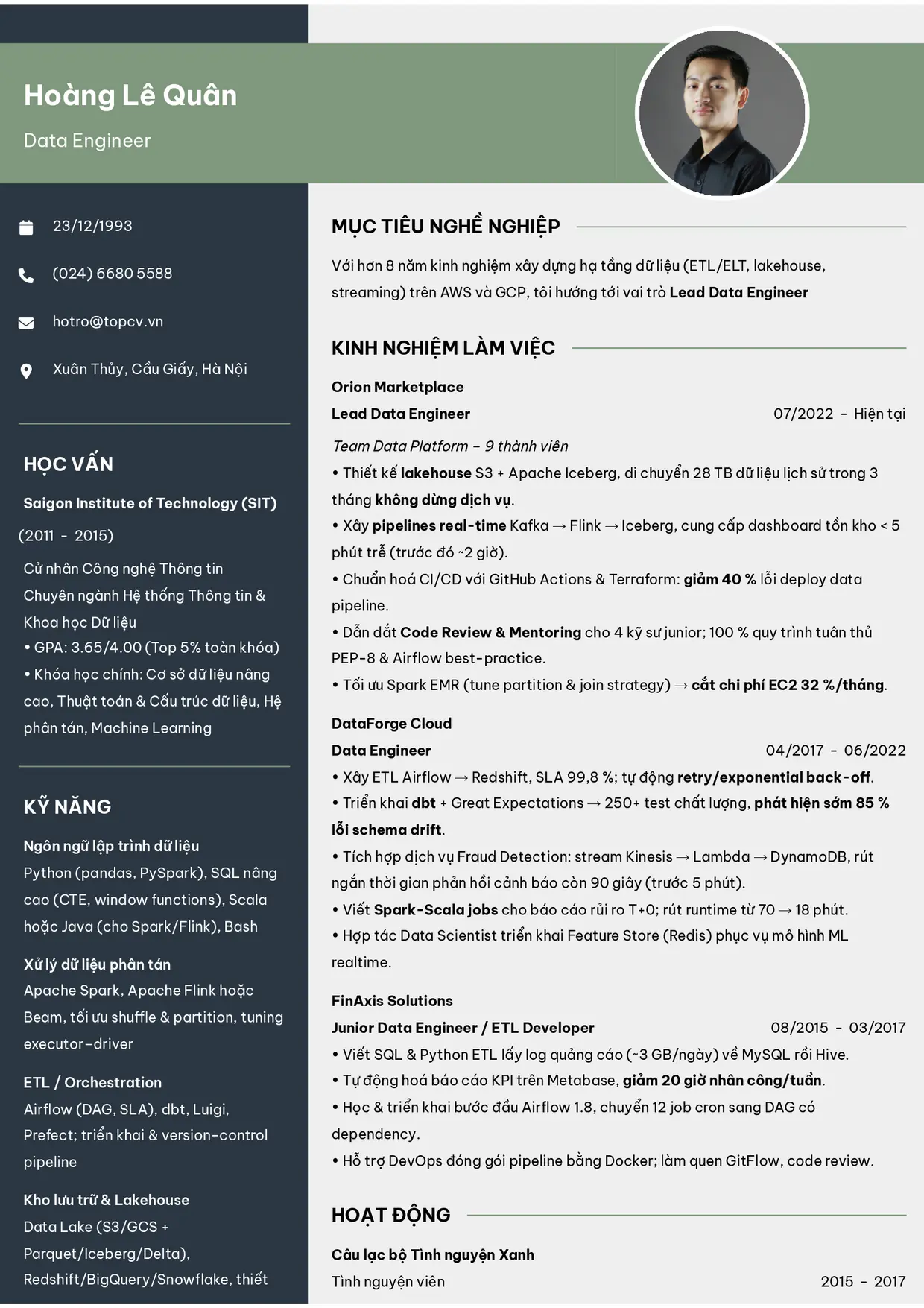 Mẫu CV Data Engineer style Outstanding 10