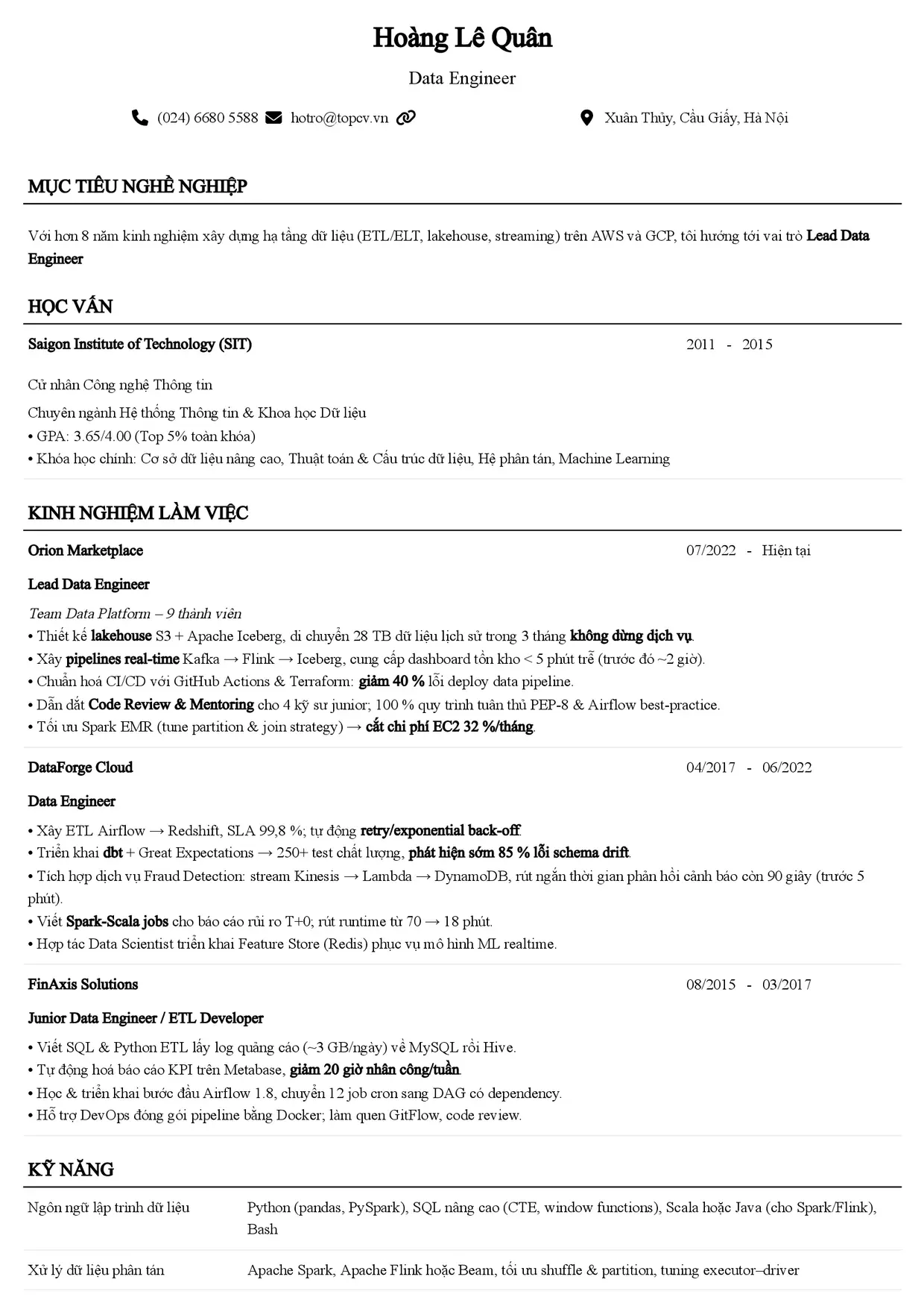 Mẫu CV Data Engineer style Senior